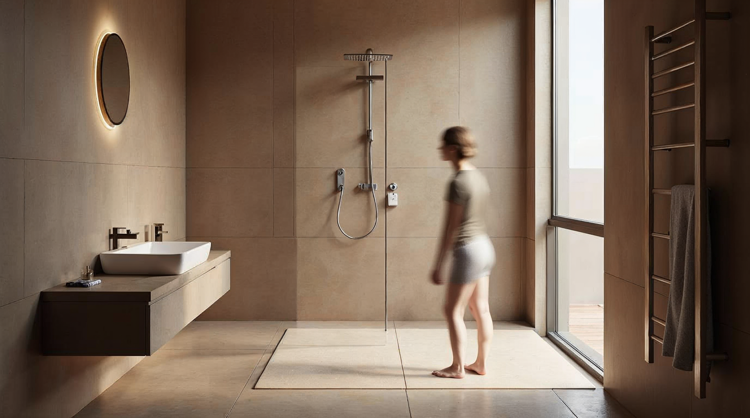 Moderne bodengleiche Dusche mit R11 strukturierten Fliesen