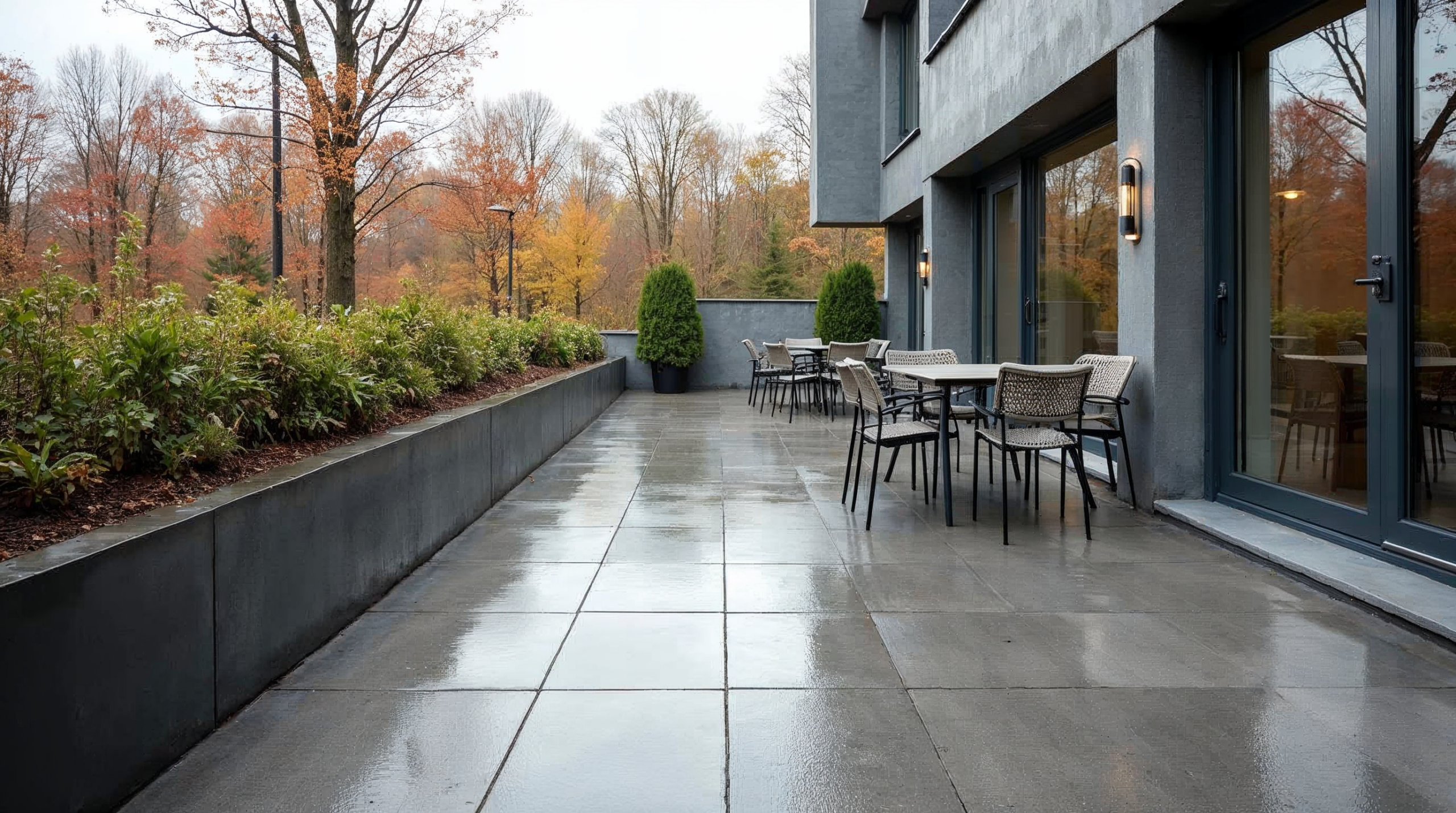 Bremer Terrasse mit R11 strukturierten Aussenfliesen bei Regen