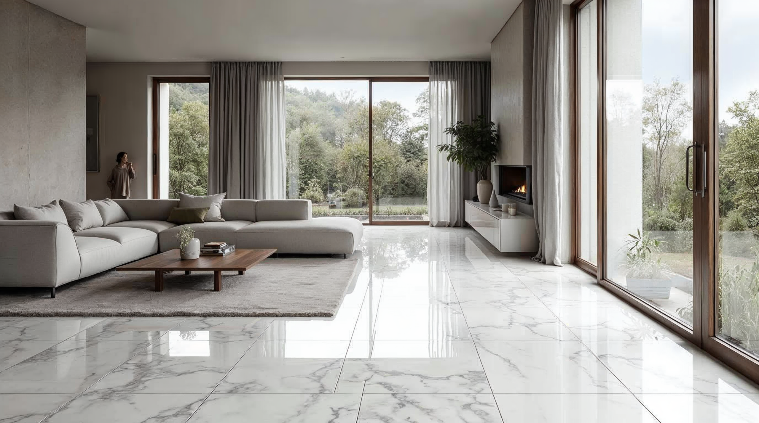 Carrara Marmor-Optik Fliesen in modernem Wohnzimmer