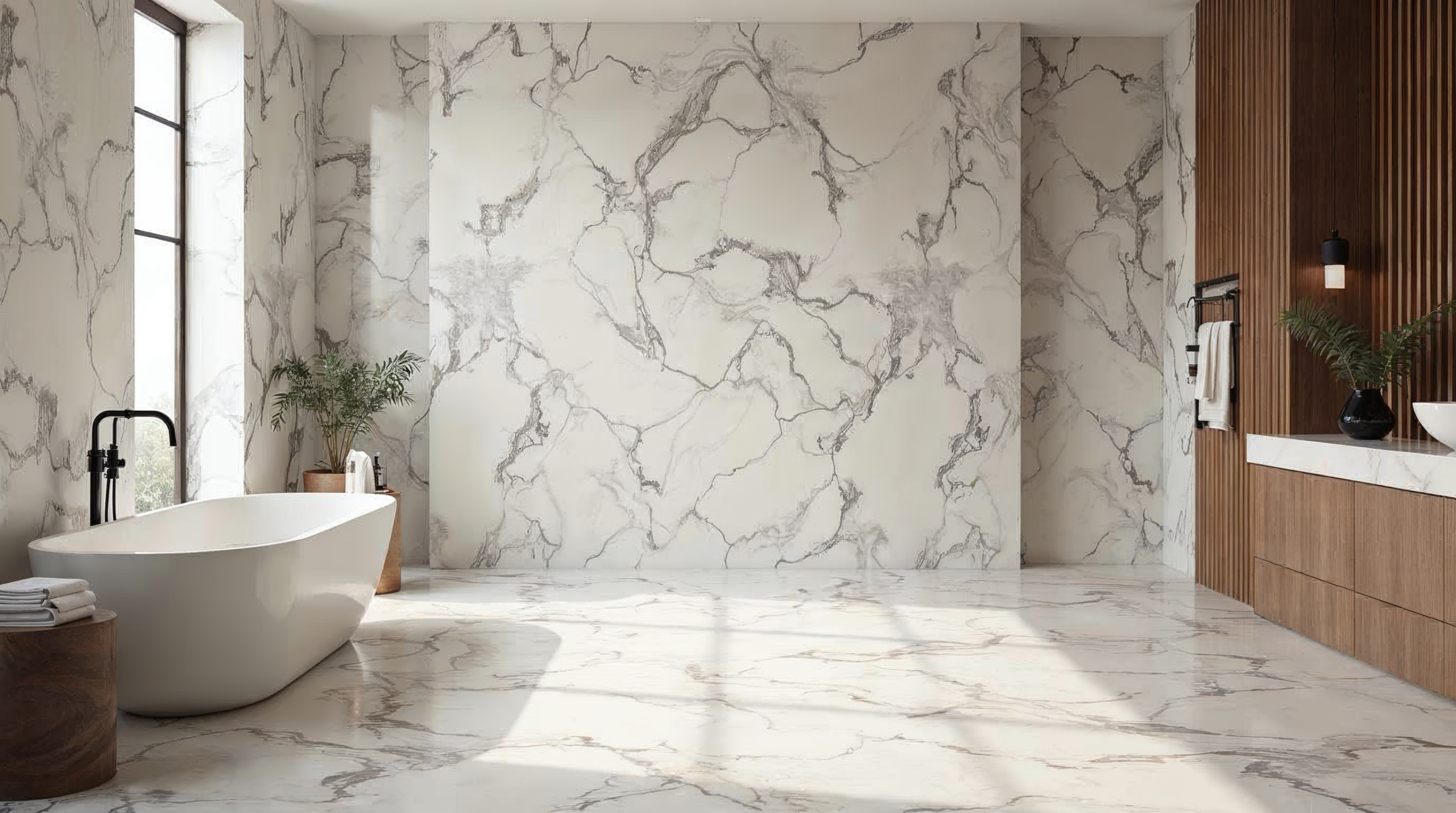 Luxuriöses modernes Bad mit grossformatigen Marmor-Optik-Fliesen in Calacatta-Design