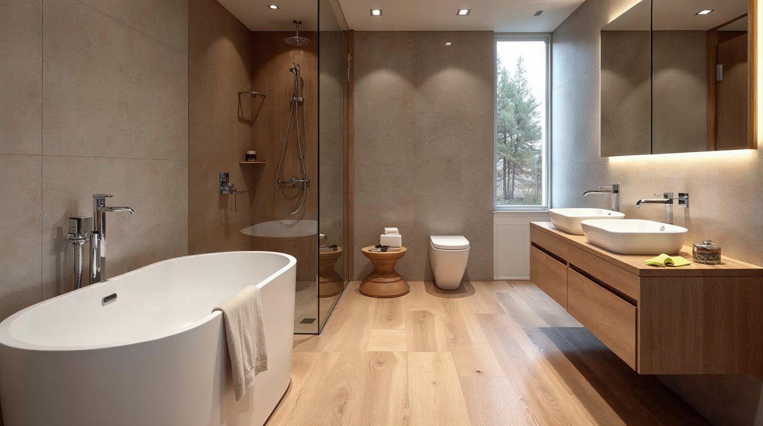 Modernes Bad mit warmen Holz-Optik-Fliesen