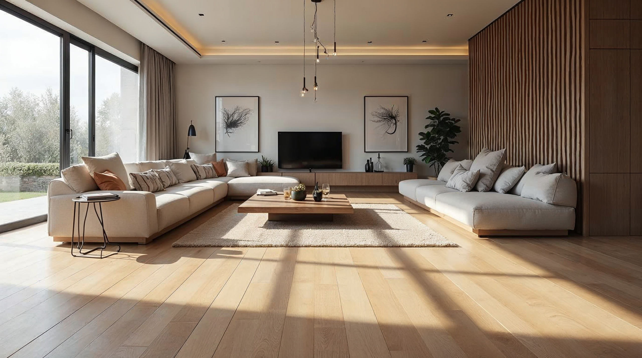 Modernes Wohnzimmer mit Holz-Optik-Fliesen im Langformat