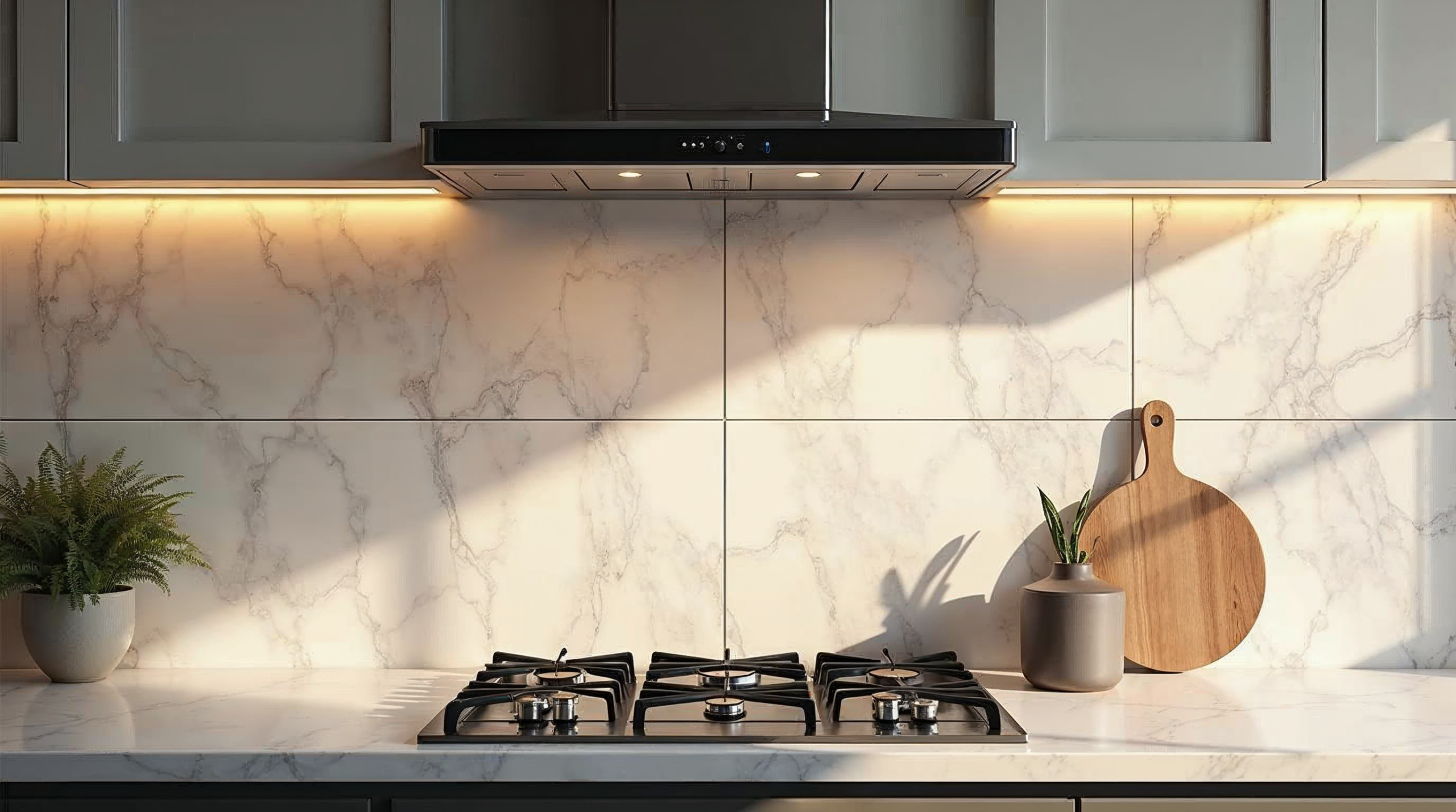 Küchenrückwand mit grossformatiger Marmor-Optik-Fliese