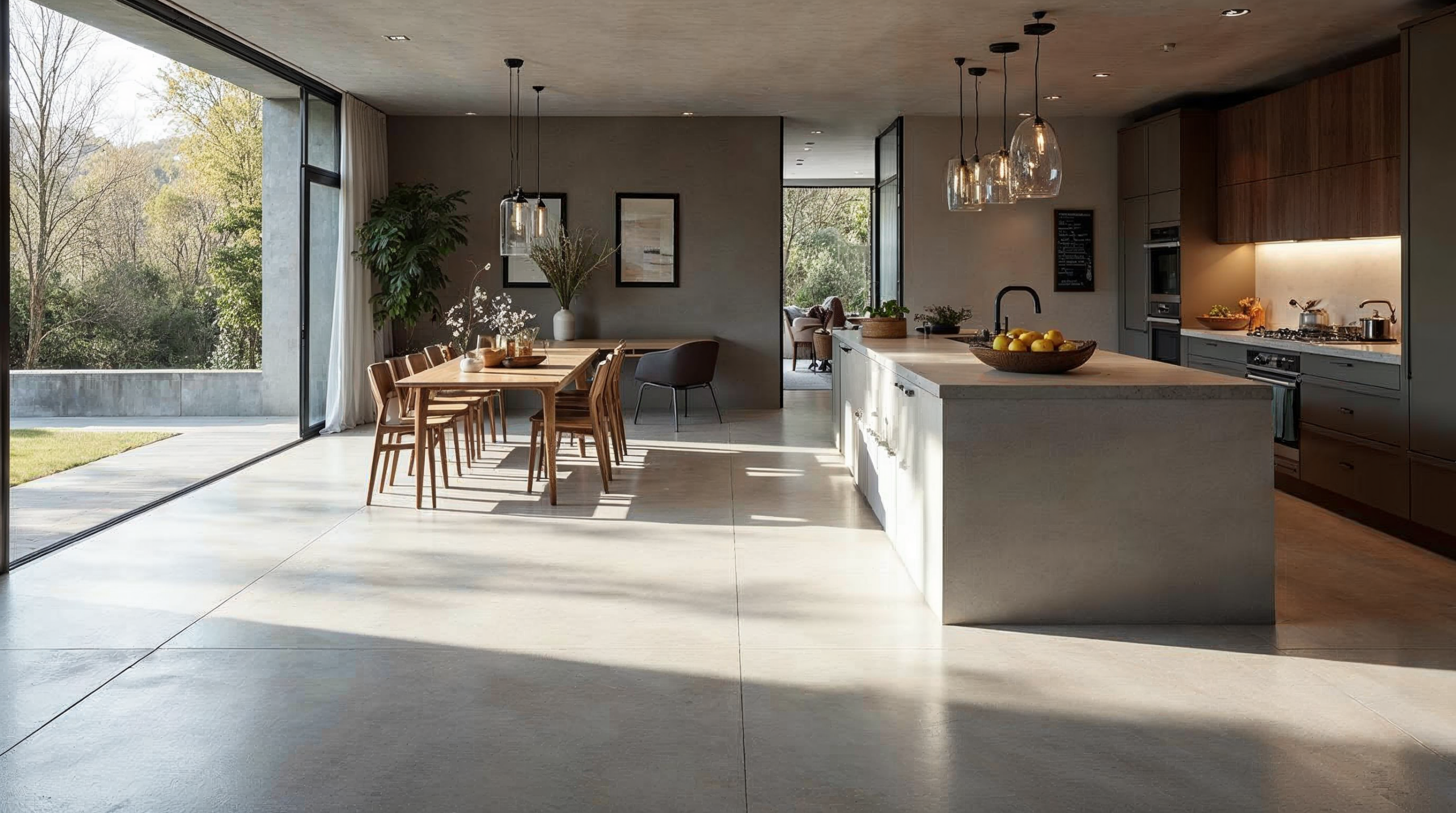 Grosszügige Küche mit Beton-Optik-Boden und Kücheninsel