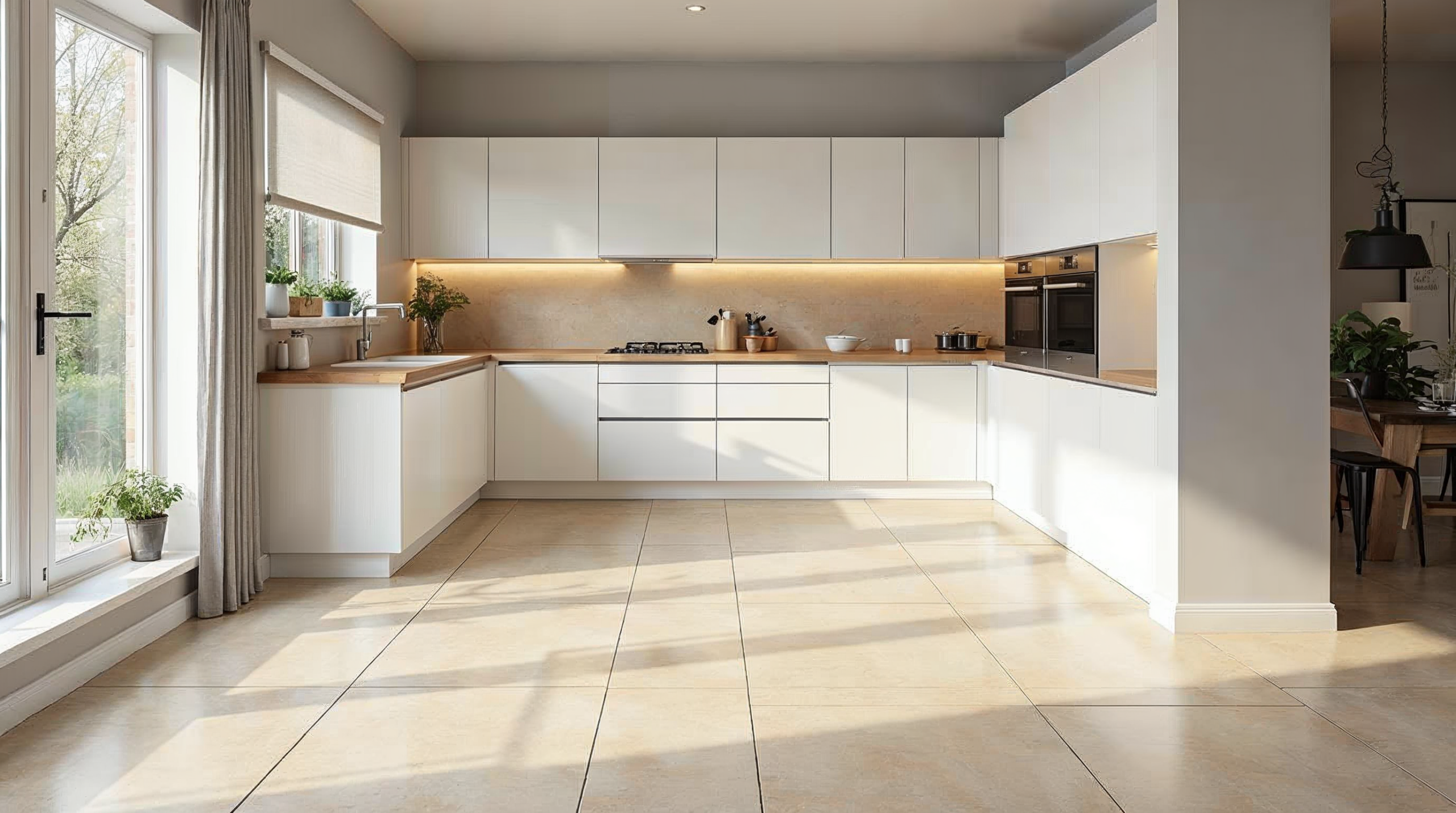 Moderne Küche mit grossformatigen Travertin-Optik-Fliesen