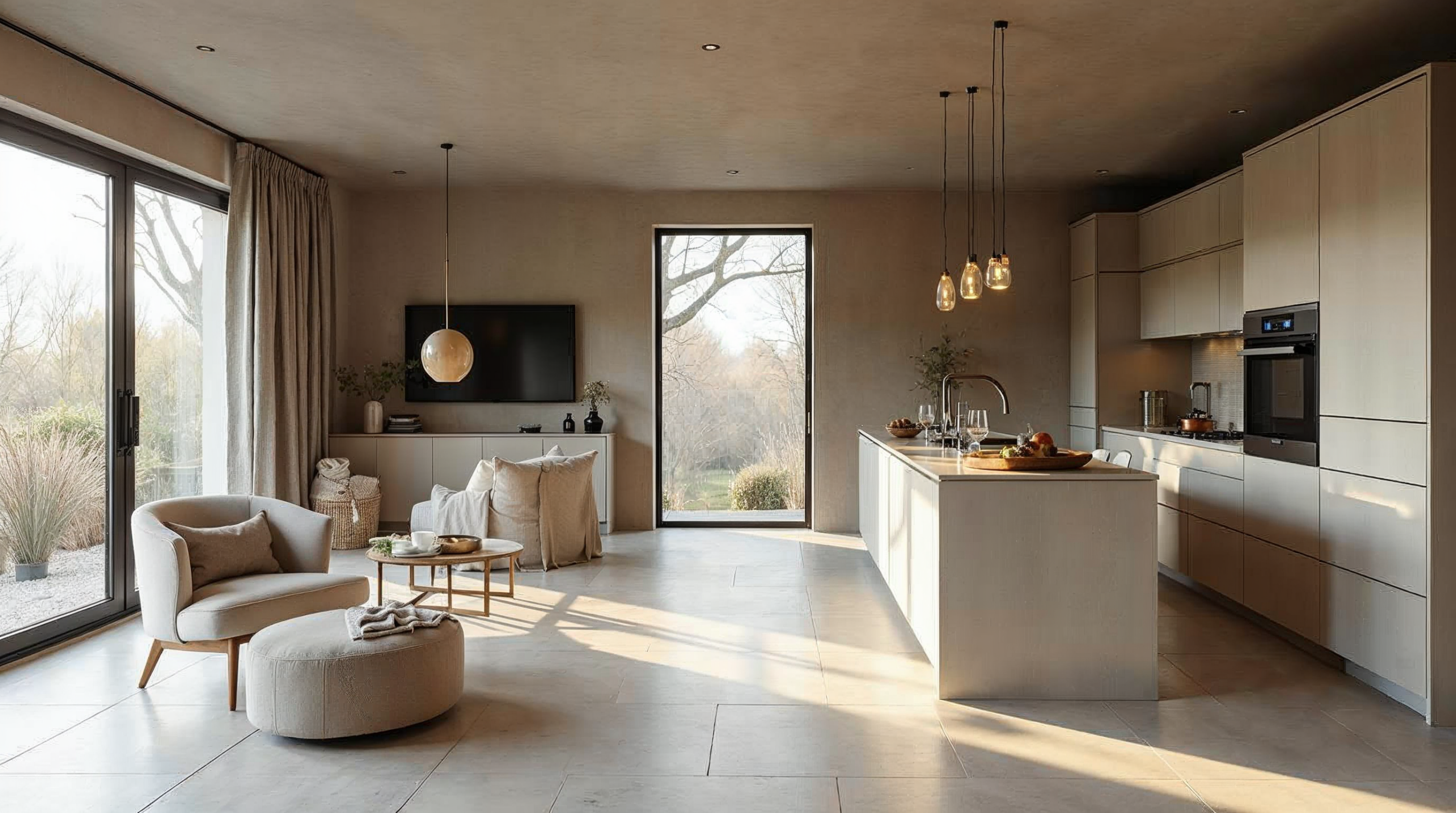 Offener Wohnbereich mit durchgehender Fliese zwischen Küche und Wohnraum