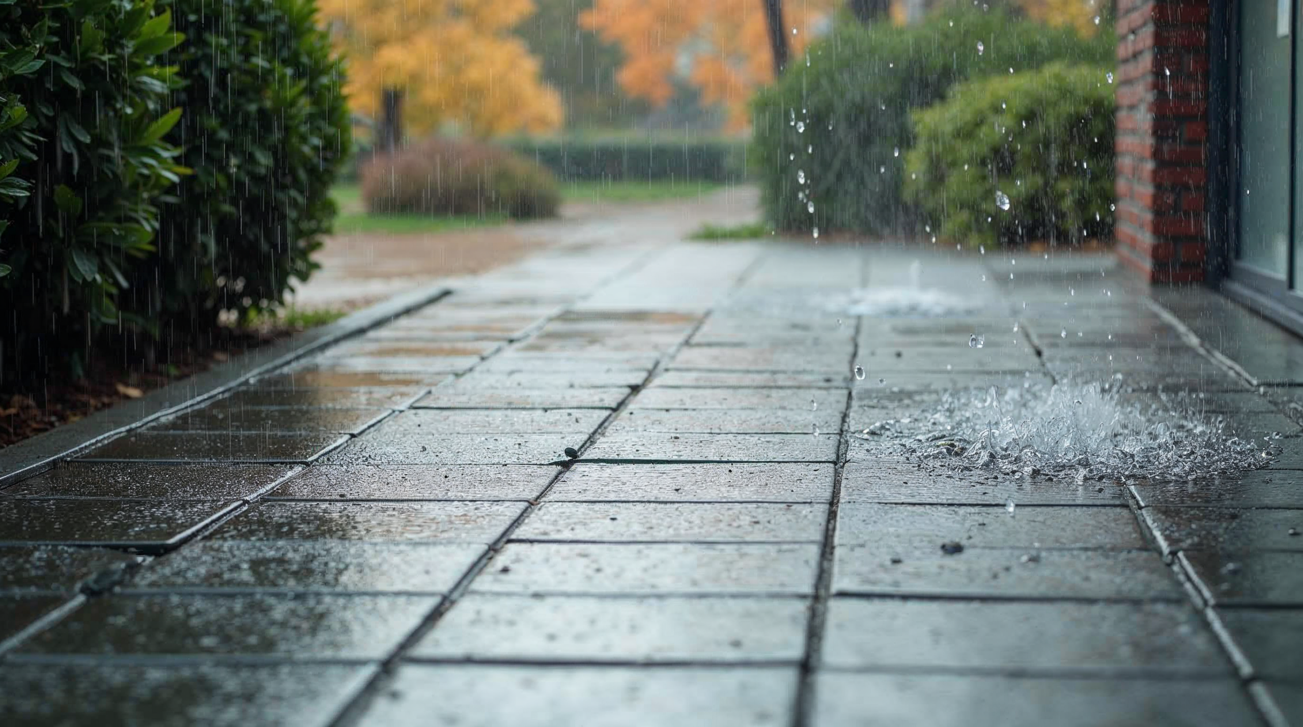 Regen auf strukturierten Aussenfliesen mit R11-Rutschhemmung