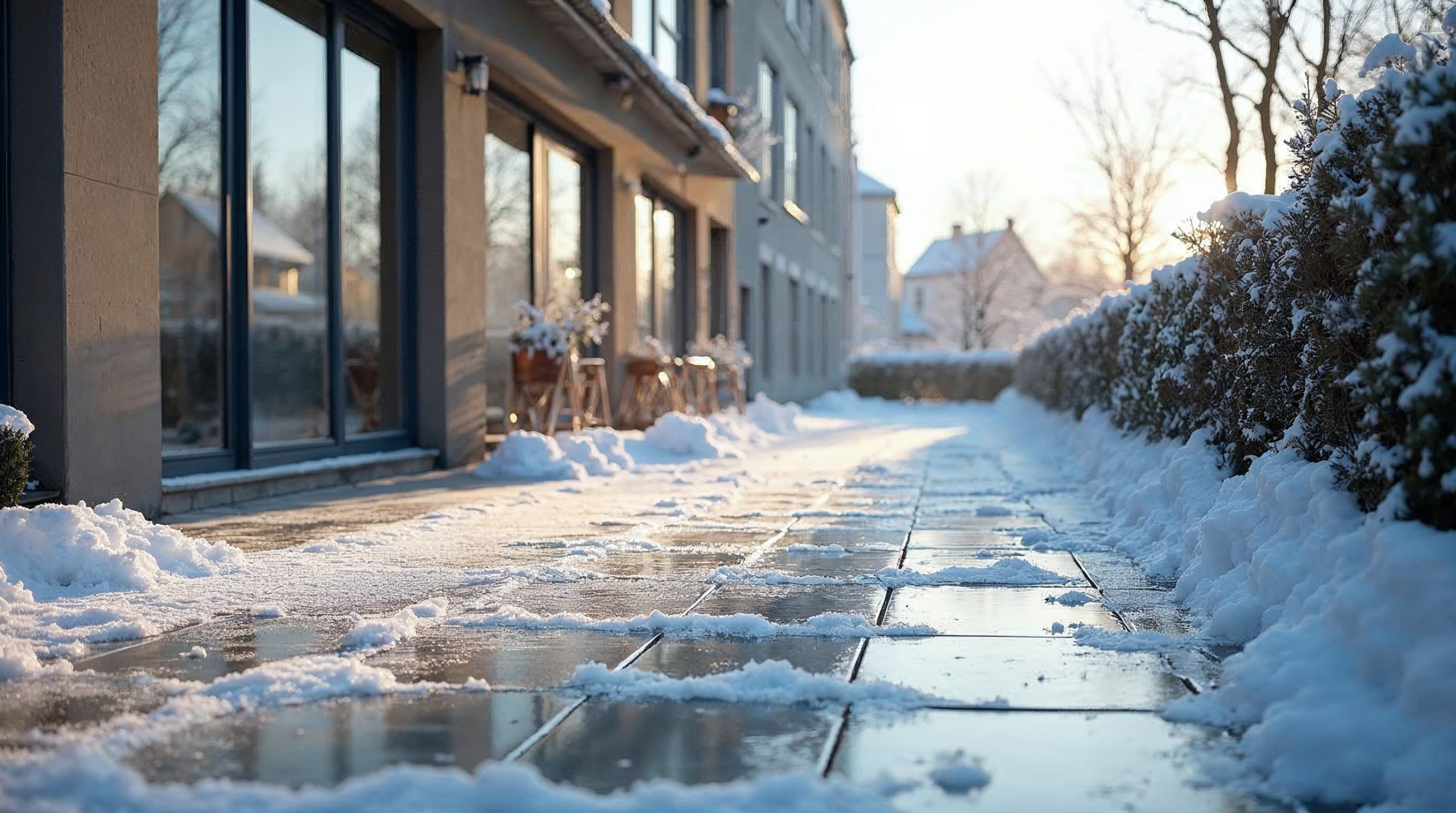 Bremer Terrasse mit frostbeständigen Fliesen im Winter