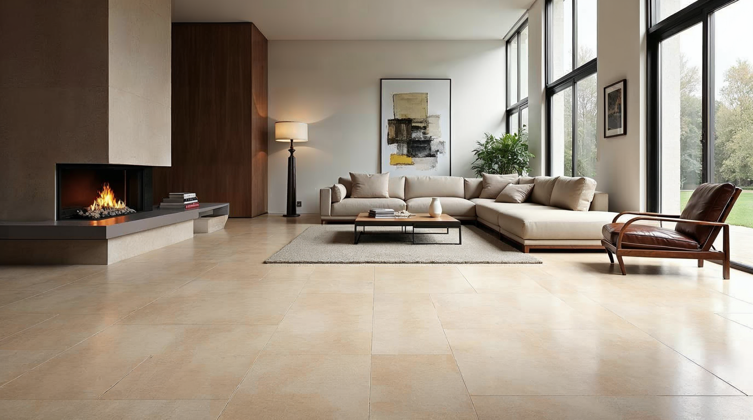 Elegantes Wohnzimmer mit grossformatigen 120x120 Travertin-Optik-Fliesen