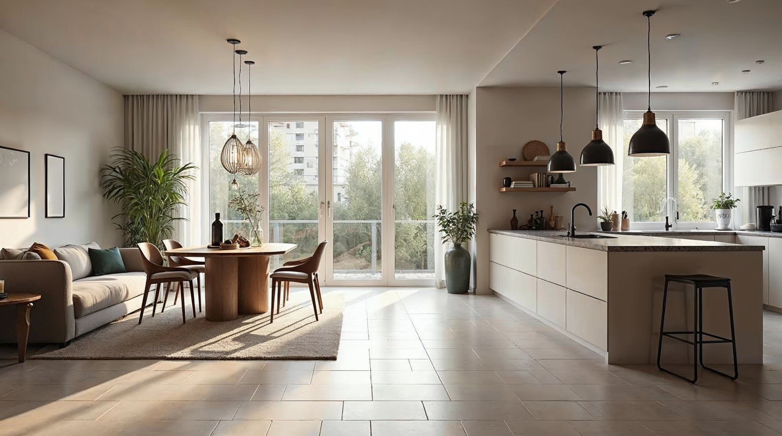 Offener Grundriss mit durchgehenden Fliesen in Bremer Wohnung