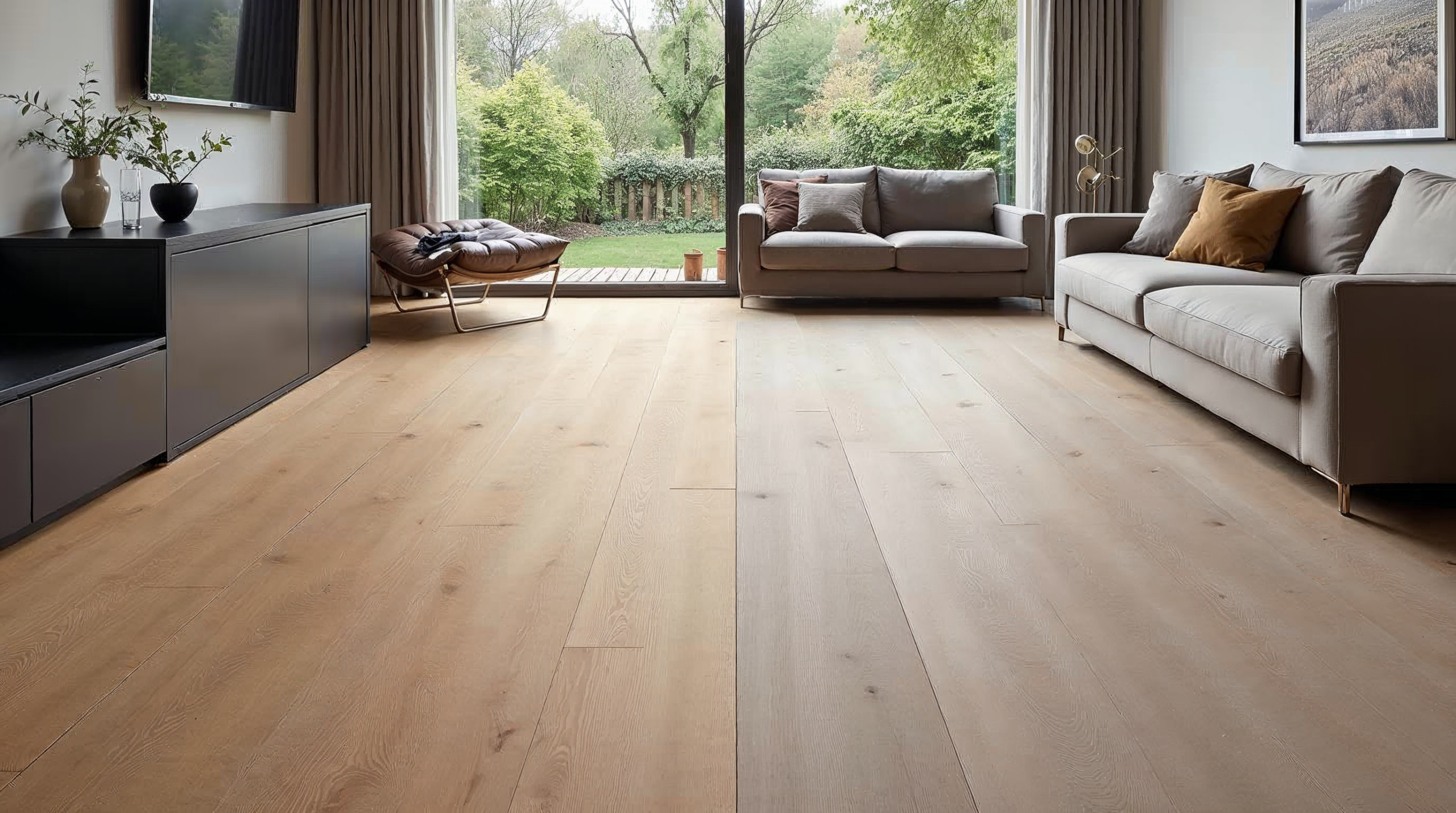 Direkter Vergleich Parkett und Holz-Optik-Fliesen im Wohnzimmer