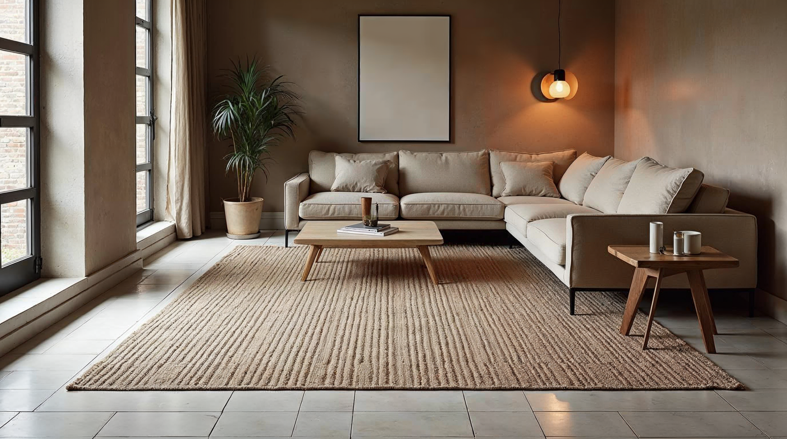 Wohnzimmer mit Teppich auf Fliesenboden