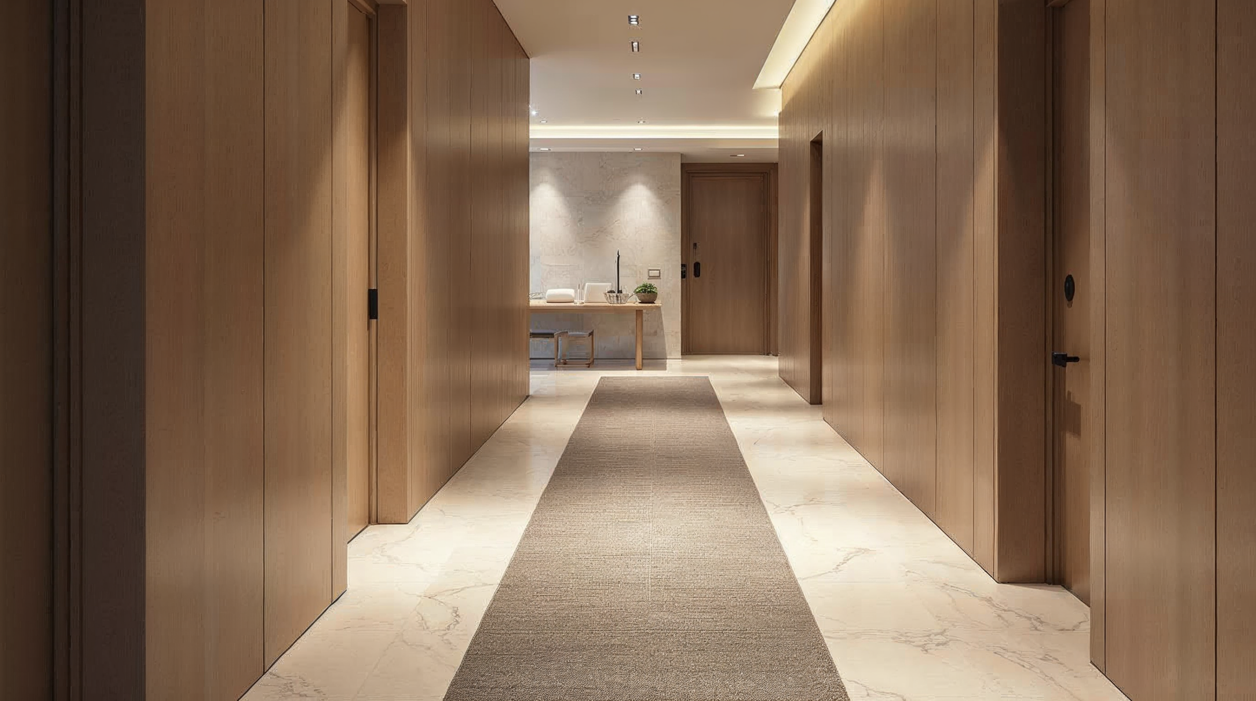 Langer Flur mit durchgehenden Fliesen und Läufer