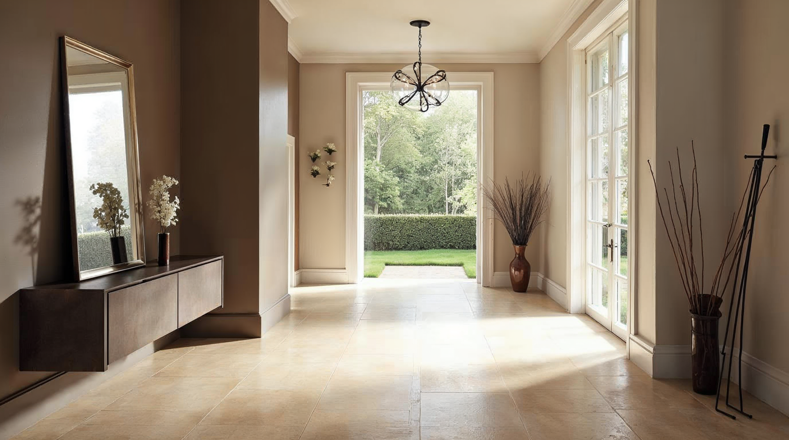 Bremer Altbau-Flur mit grossformatigen Travertin-Optik-Fliesen