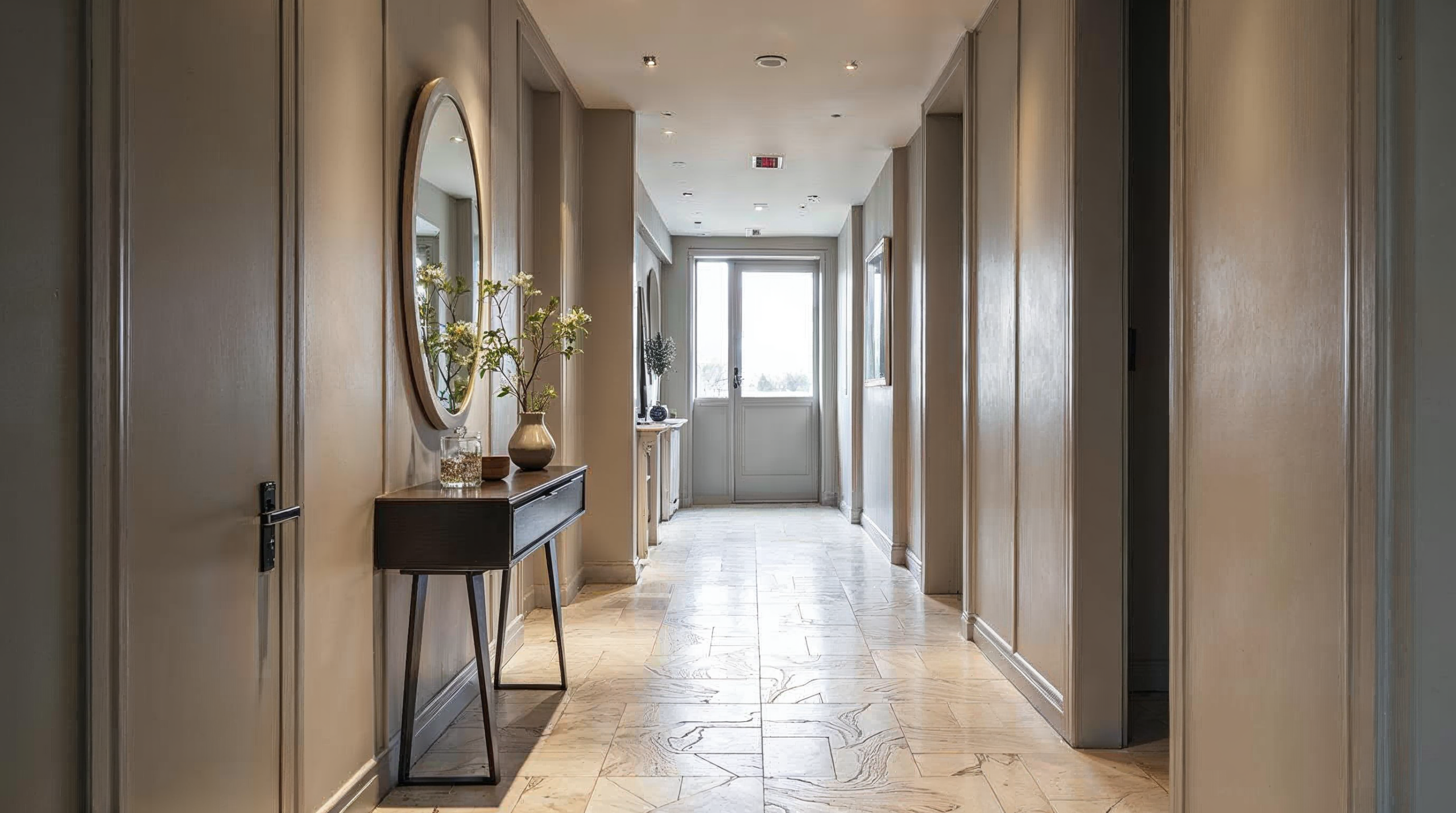 Schmaler Bremer Altbau-Flur mit grossformatigen Fliesen wirkt weiter