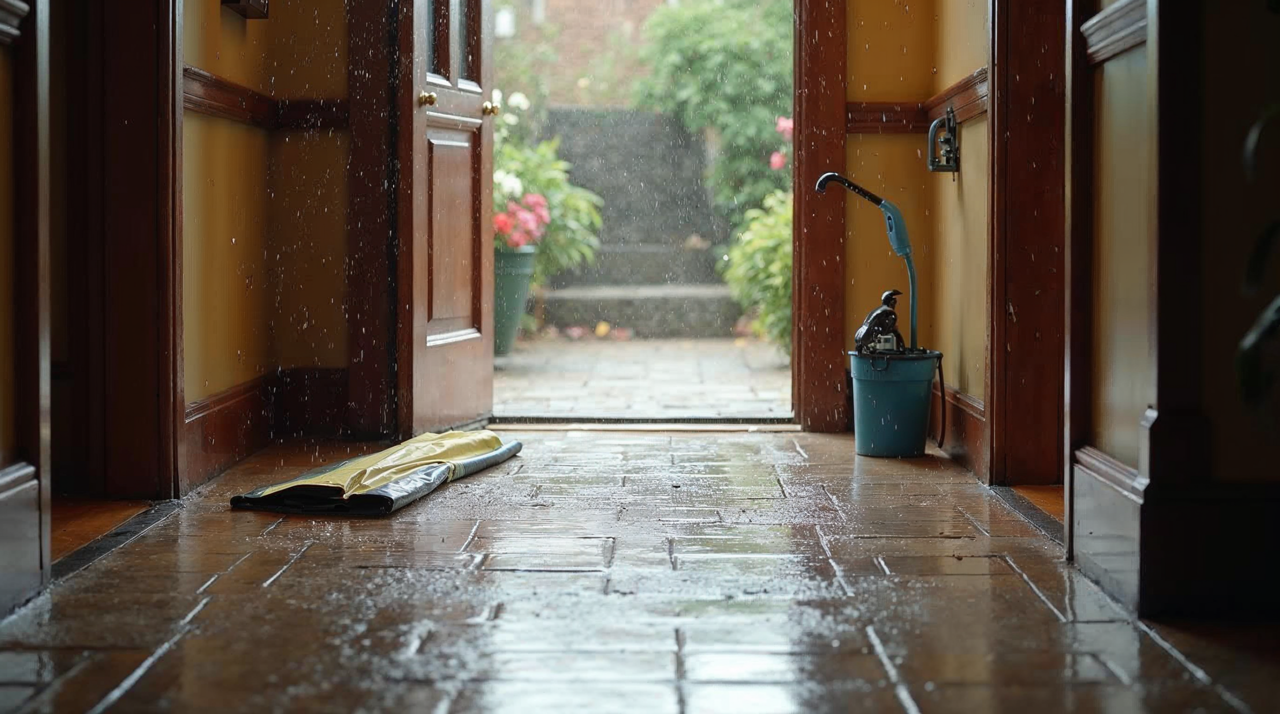Nasser Flur mit Fliesen nach Regen, leicht zu reinigen