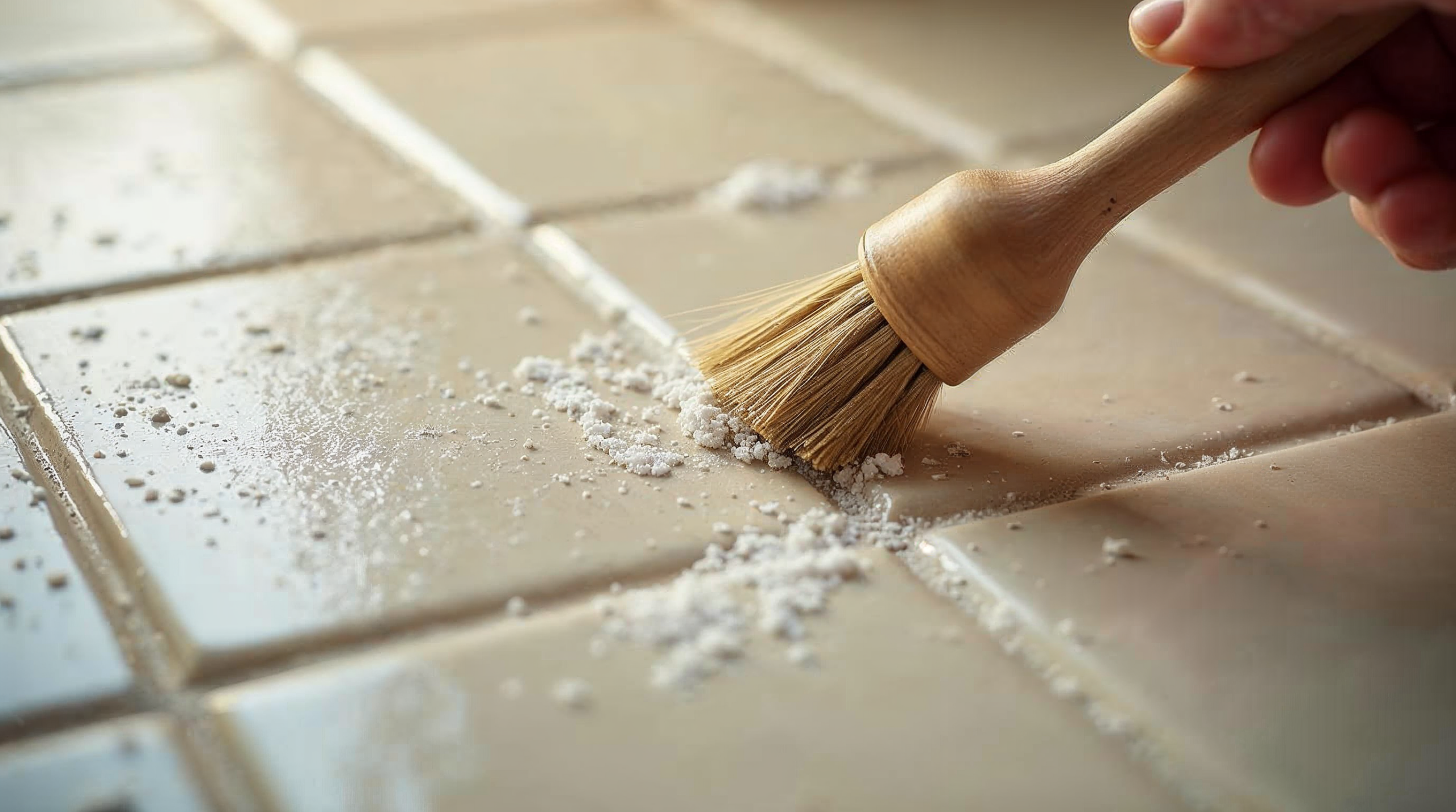 Fuge wird mit kleiner Bürste gereinigt