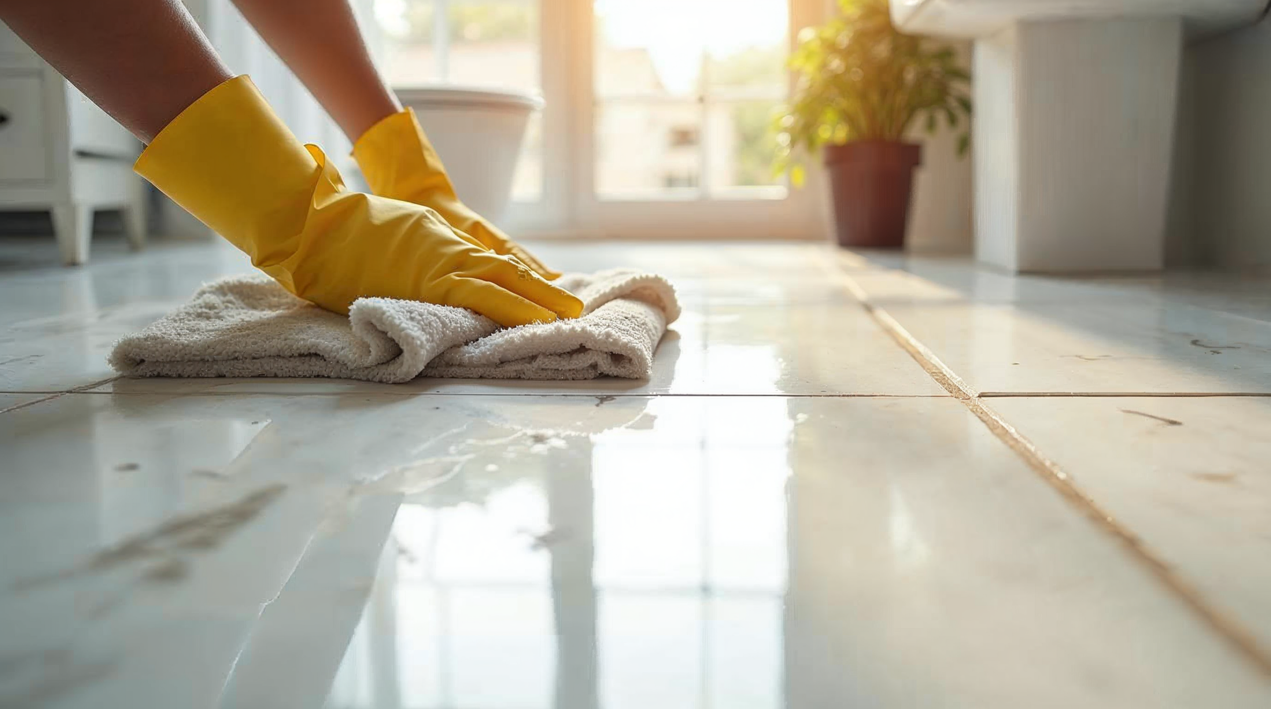 Saubere moderne Fliesen werden gewischt mit Mikrofasertuch