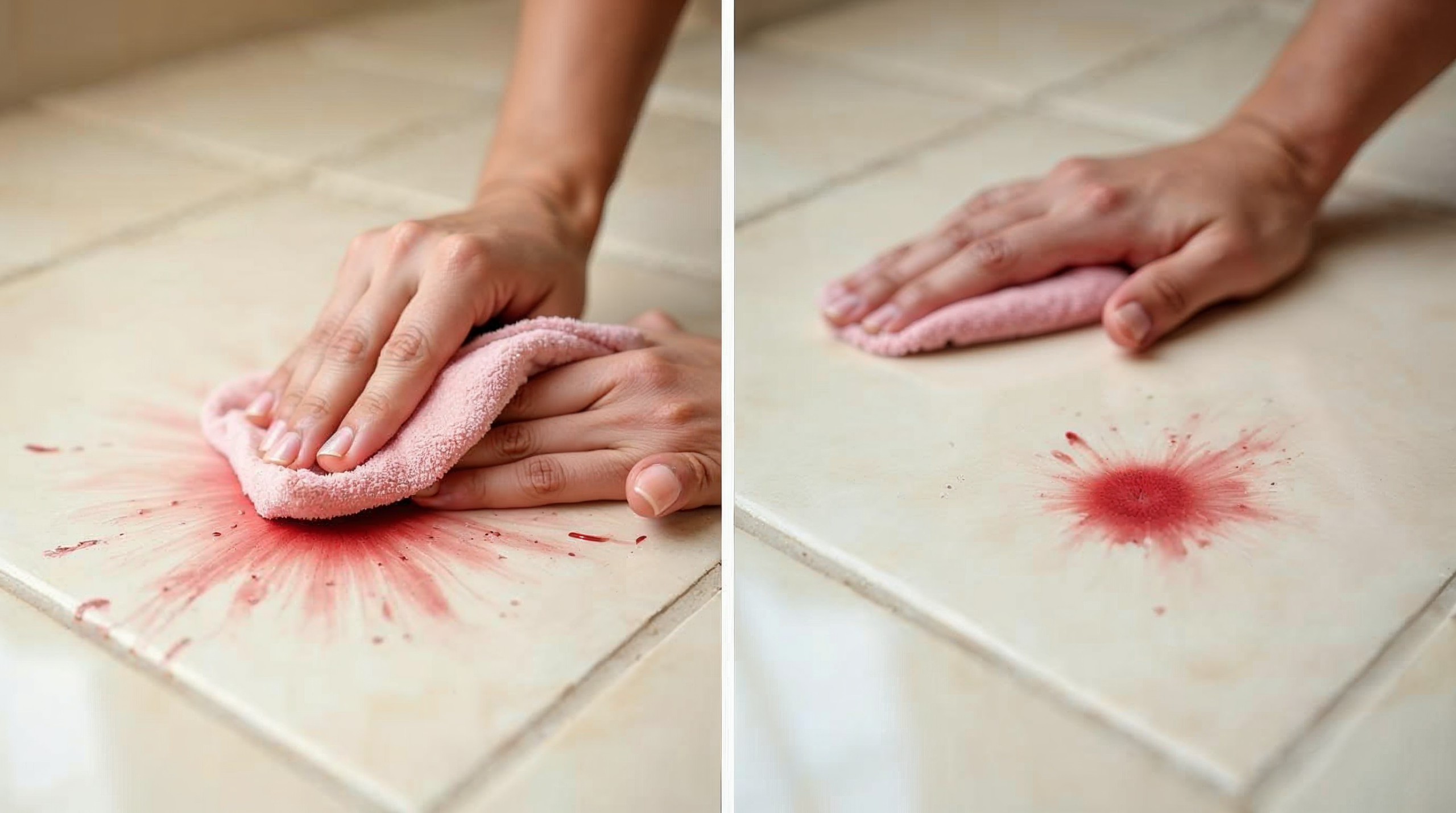 Rotwein-Fleck wird von Fliese abgewischt