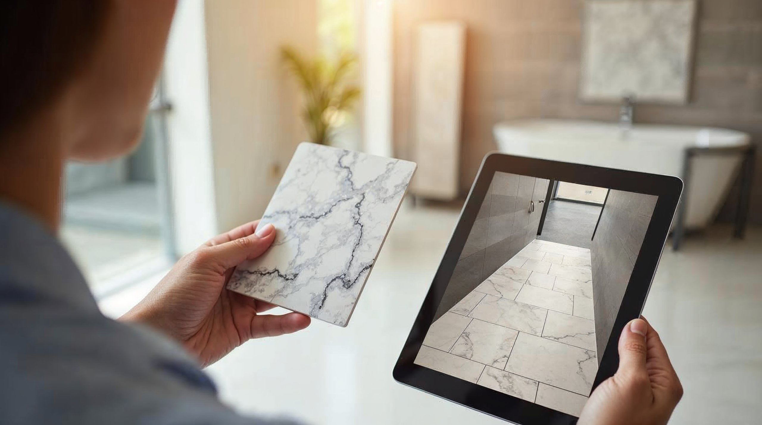 Musterfliese in der Hand neben digitaler Vorschau auf Tablet