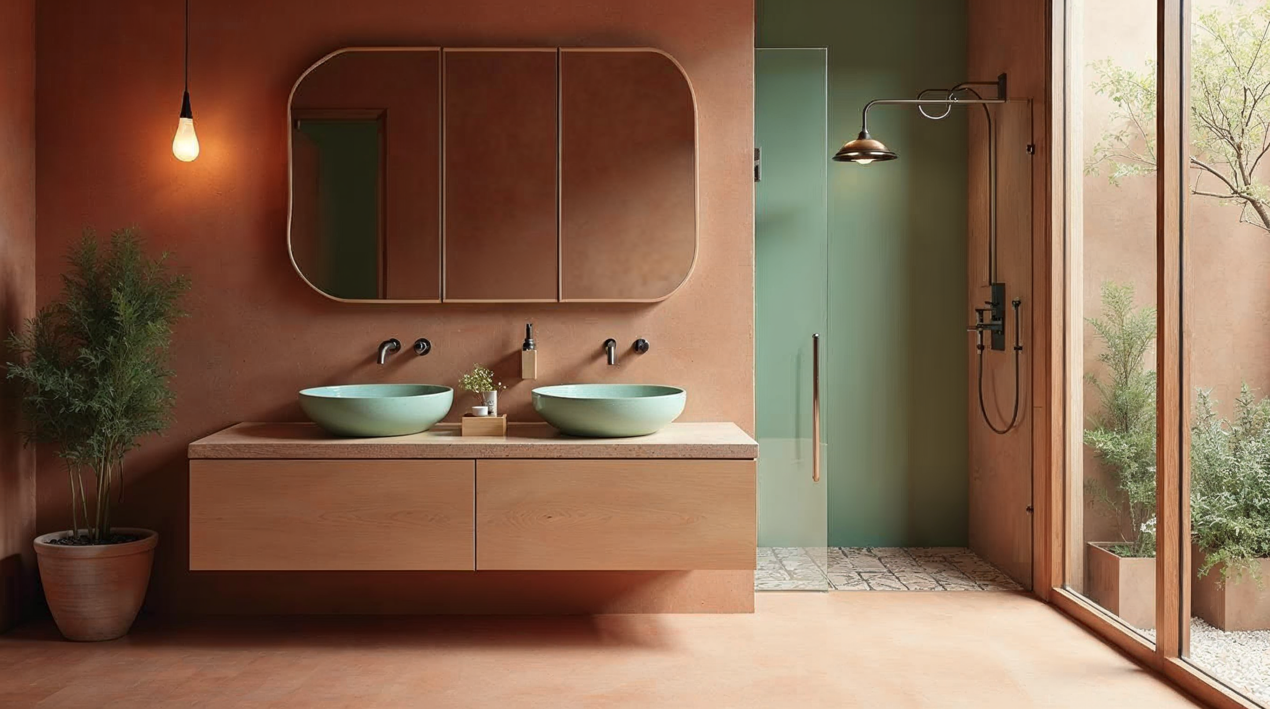 Bad mit warmen Terrakotta- und Salbeigrün-Akzenten