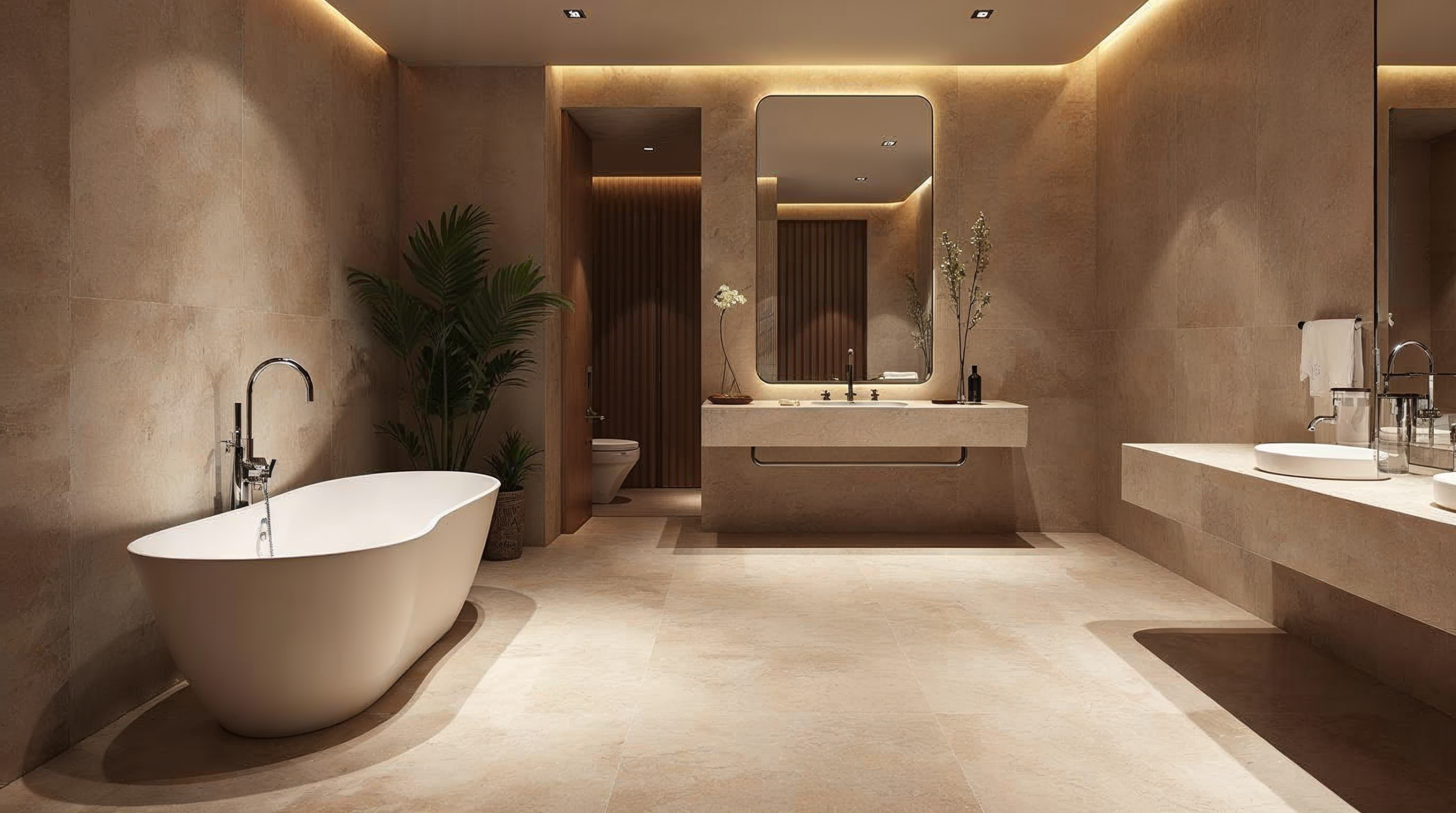 Badezimmer-Trend 2026 mit organischen Formen und Travertin-Optik