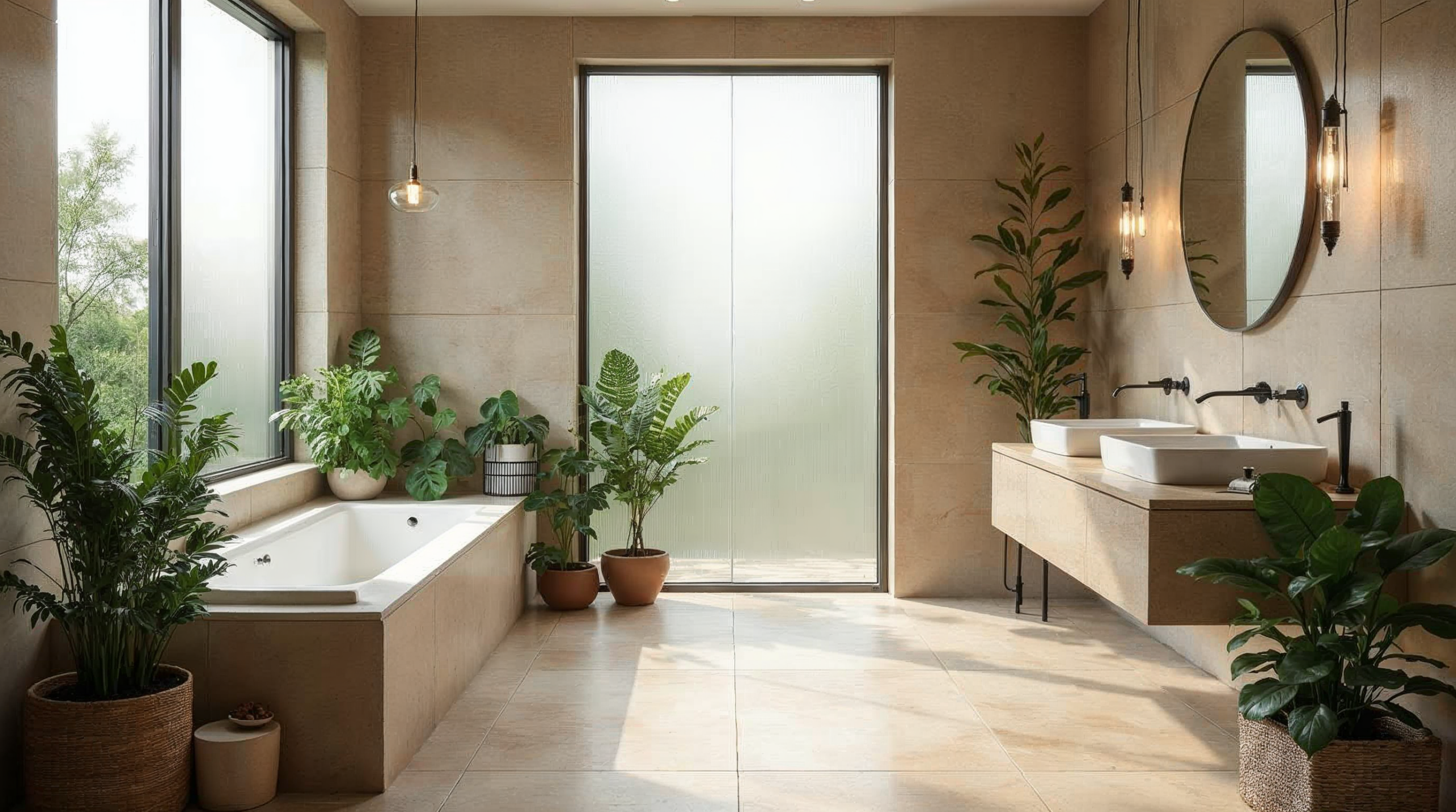 Biophiles Bad mit Pflanzen und Naturoptik