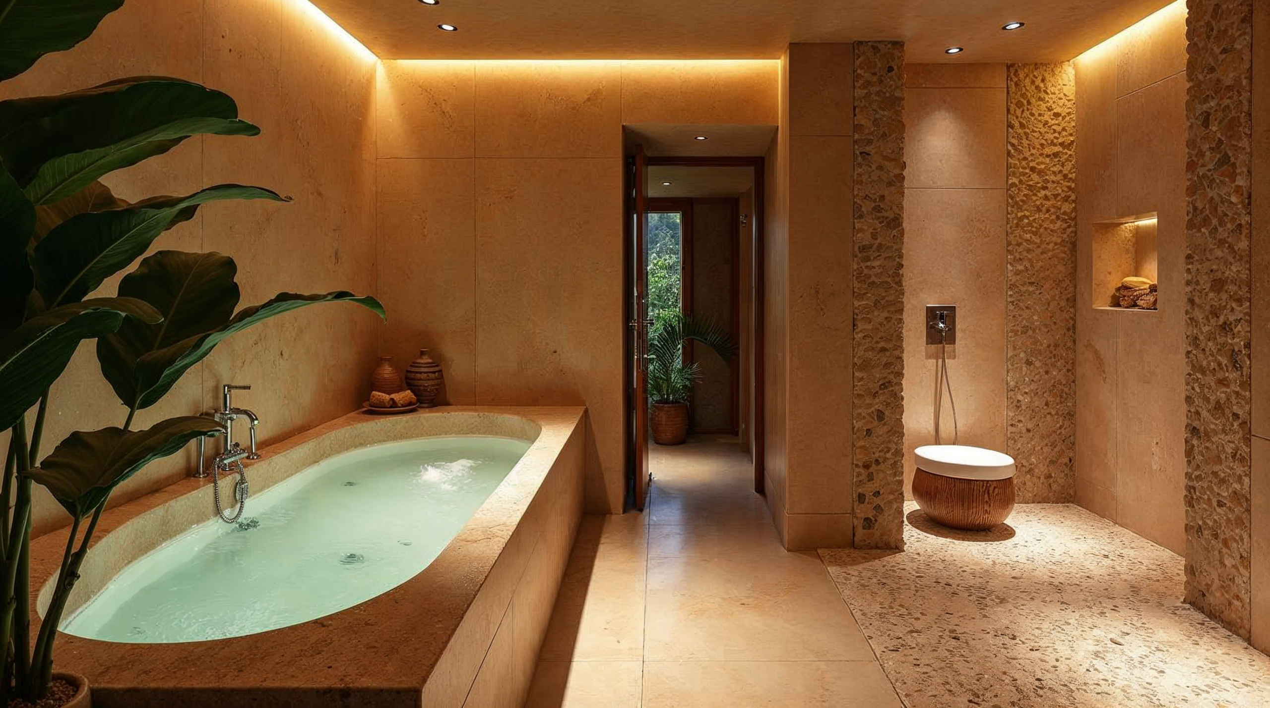 Wellness-Bad mit natürlichen Materialien und Pflanzen