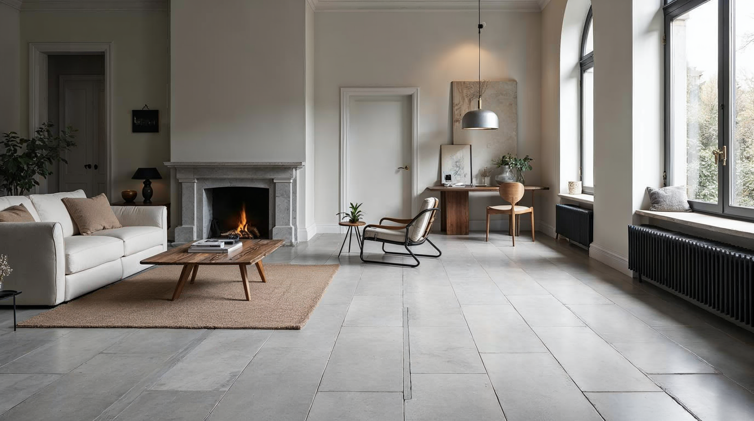 Zeitloses Wohnzimmer mit grossformatigen grauen Fliesen