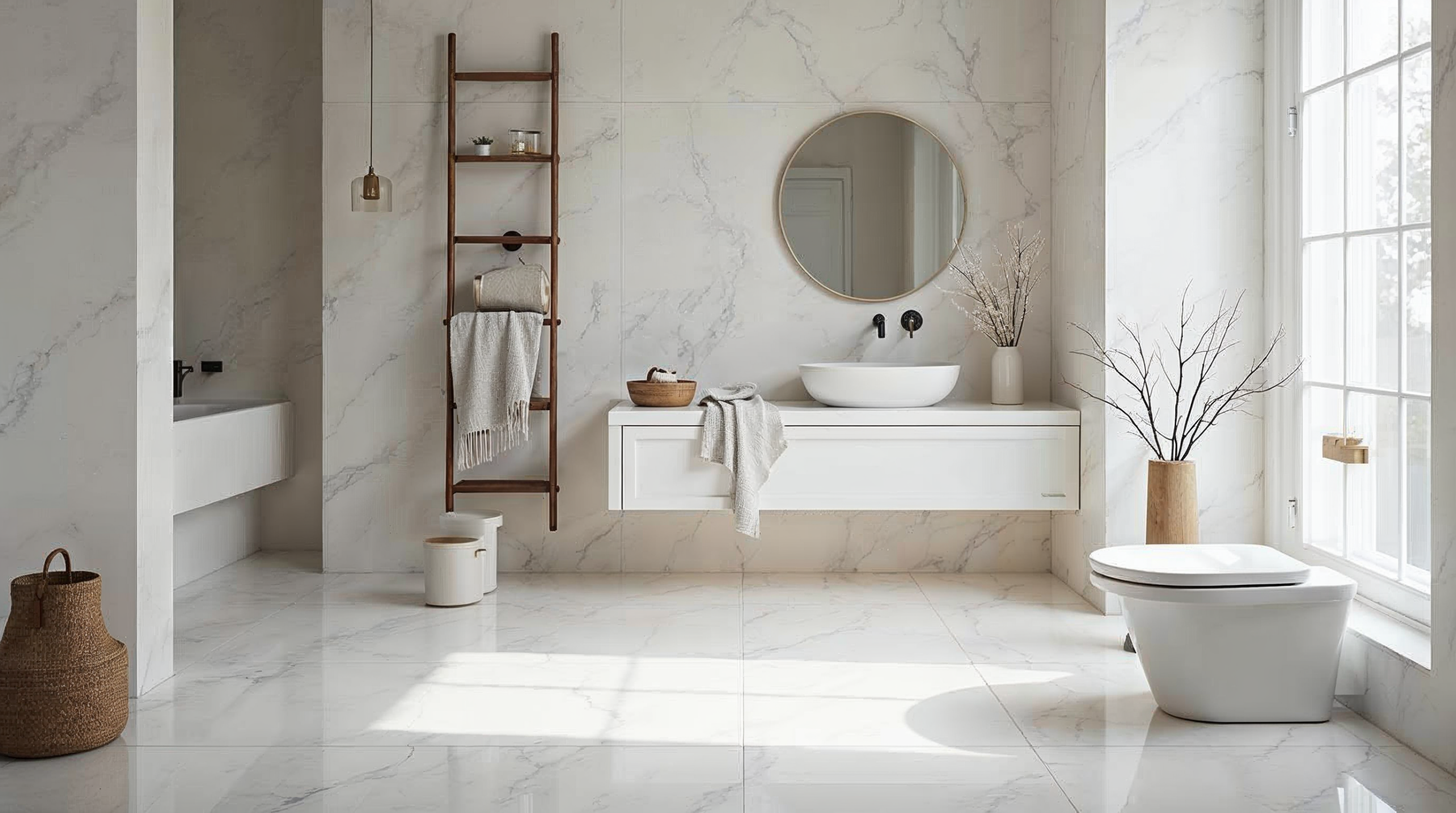 Zeitlos elegantes Bad mit klassischem Marmor-Optik-Design