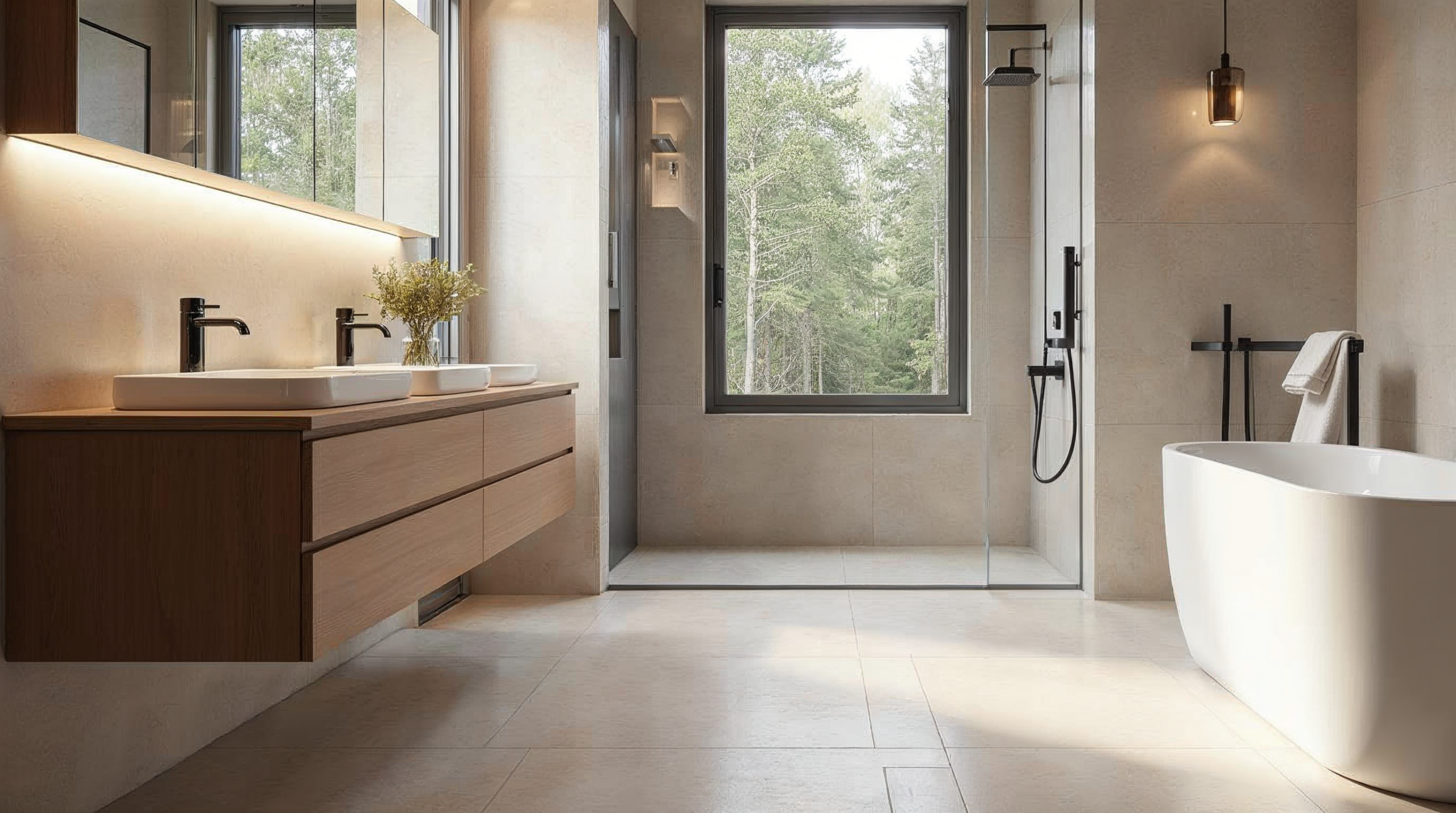 Zeitloses Premium-Bad mit Travertin-Optik