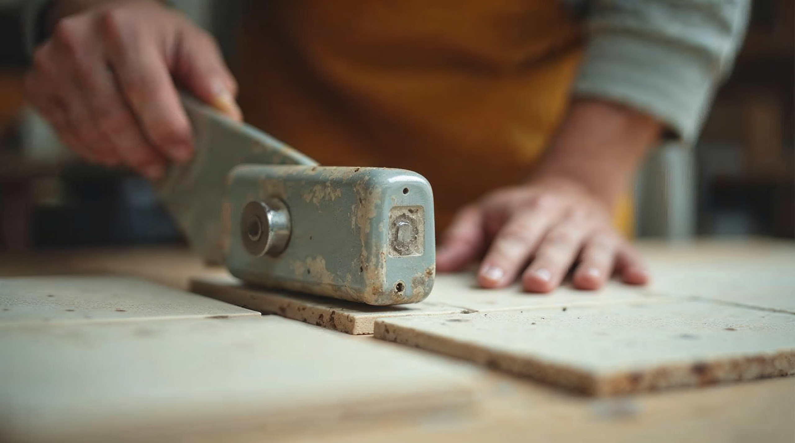 Fliese wird mit manuellem Fliesenschneider geschnitten