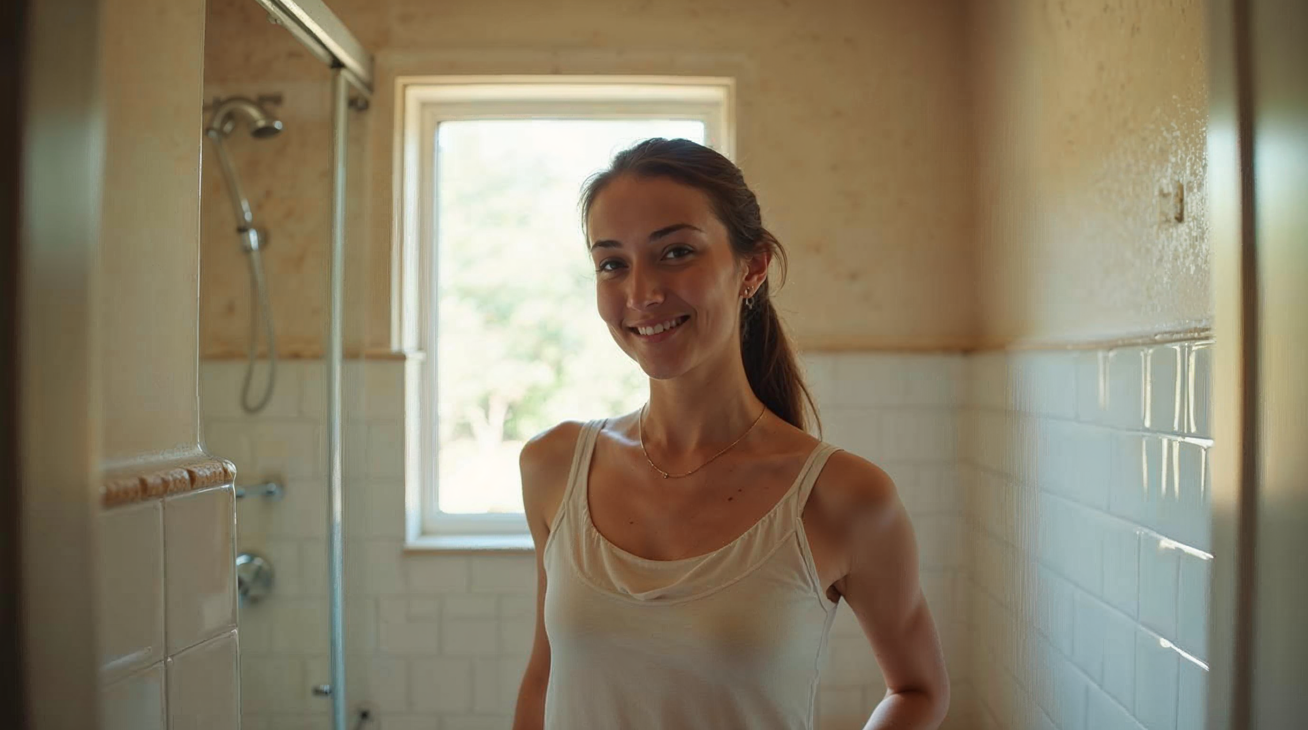 Stolzer Heimwerker im frisch gefliesten Bad