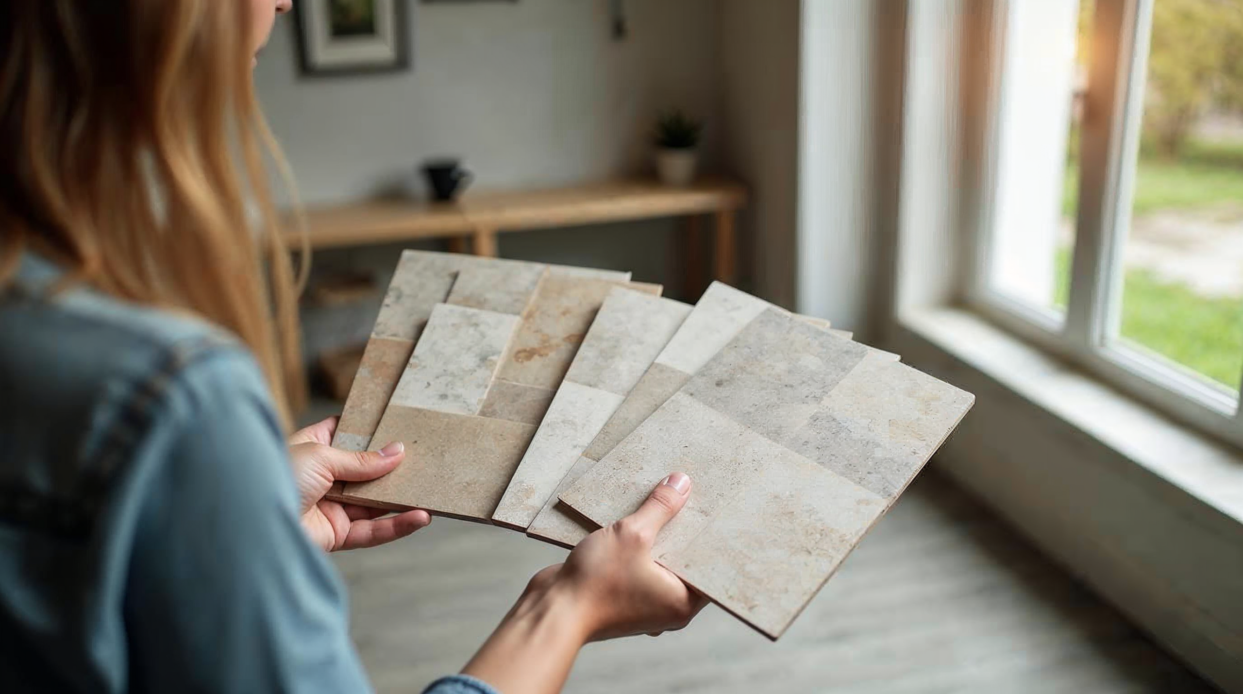 Kunde vergleicht Fliesenmuster im eigenen Zuhause