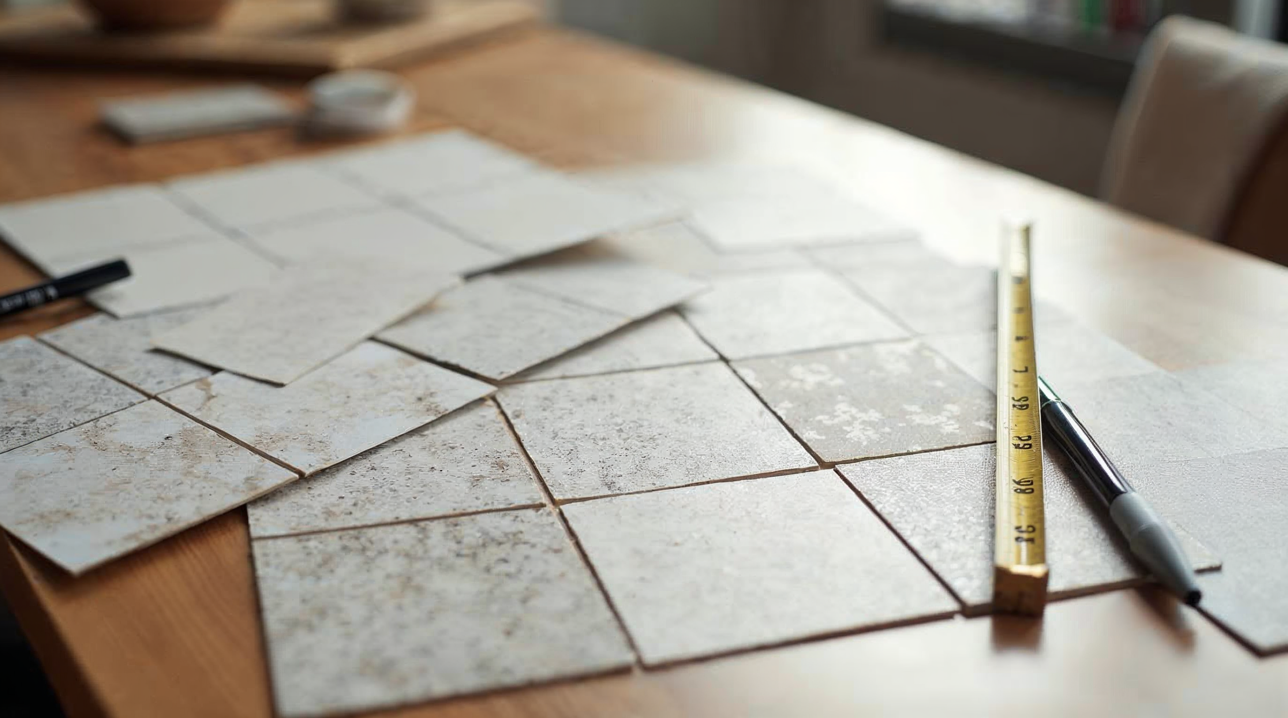 Verschiedene Fliesenmuster auf einem Tisch zum Vergleich