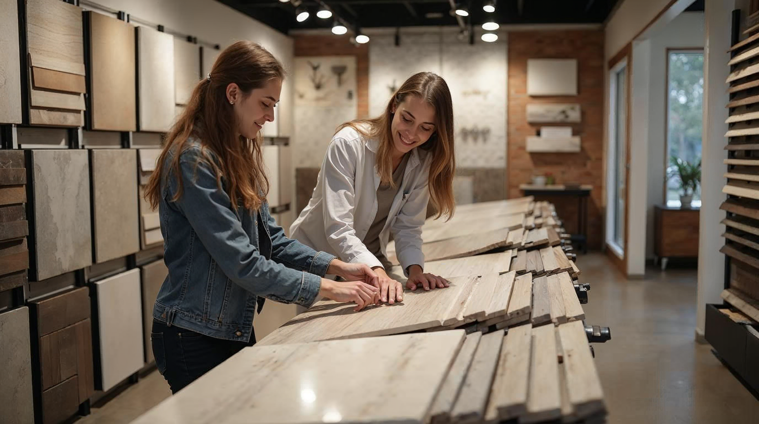 Kunde wählt Musterfliesen im Showroom aus