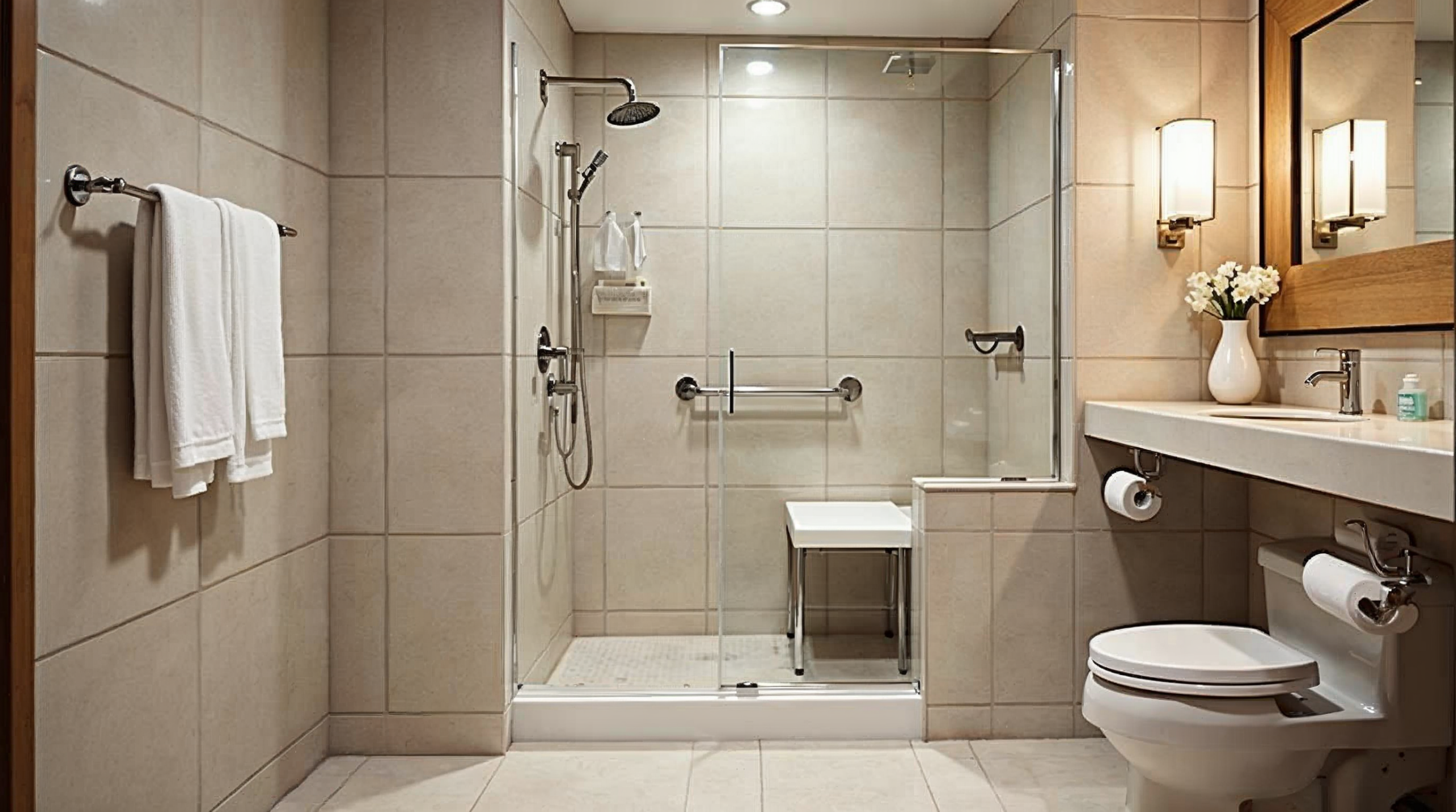Barrierefreie Dusche mit Sitzbank und Haltegriffen