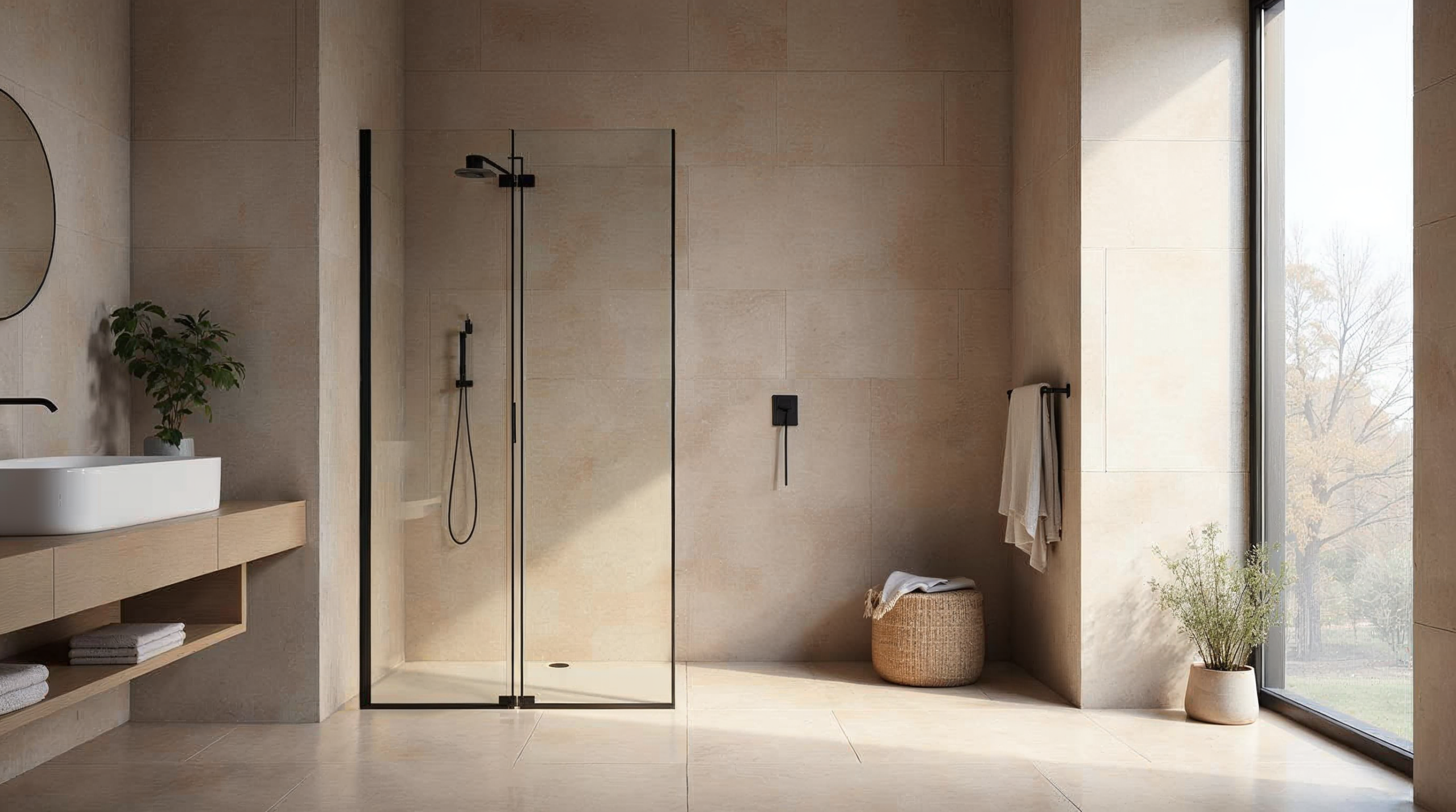 Walk-In-Dusche mit bodengleichen 60x120 Großformatfliesen