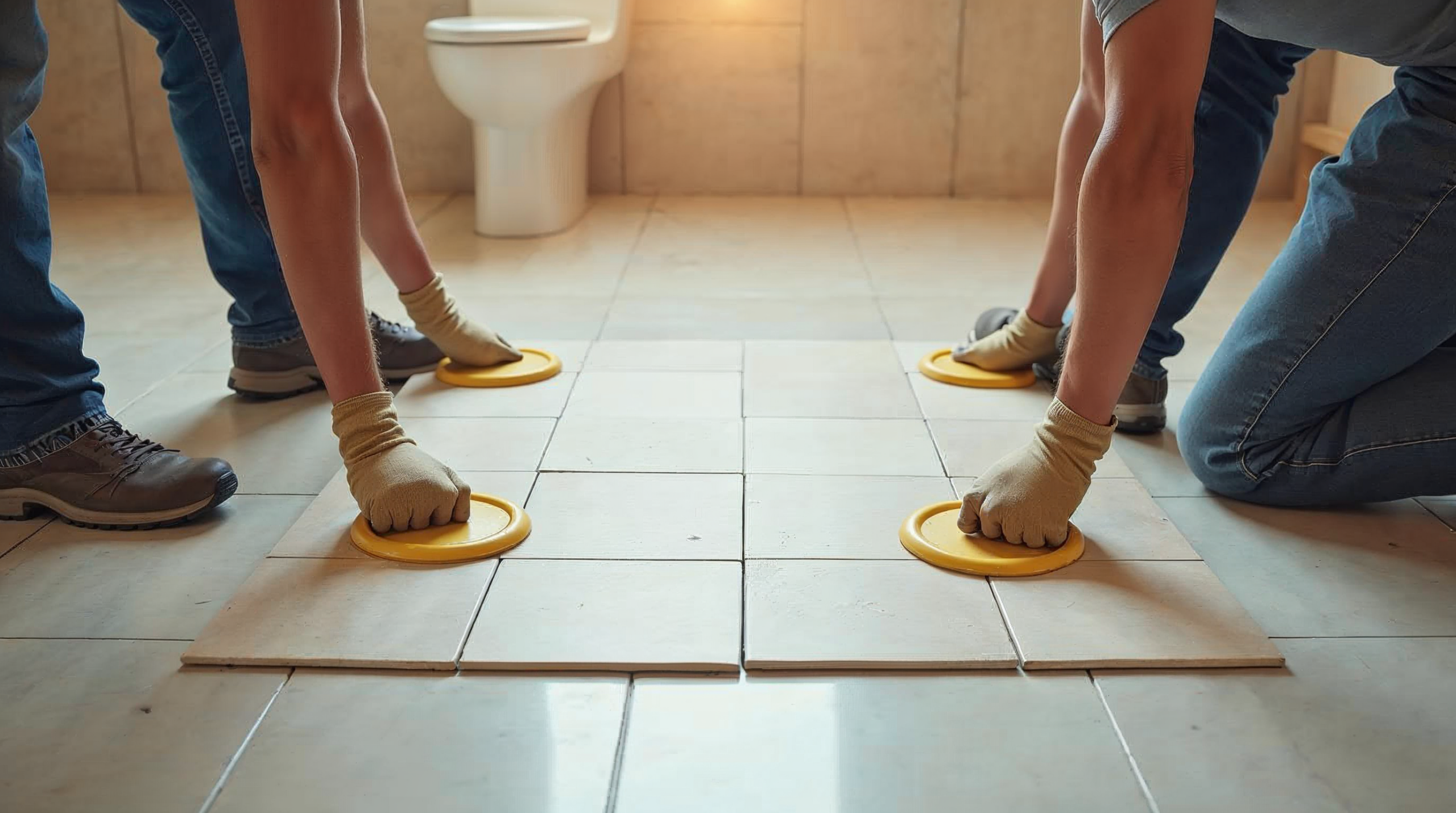 Zwei Fliesenleger heben gemeinsam eine 120x120 Großformatfliese mit Saugheberplatten