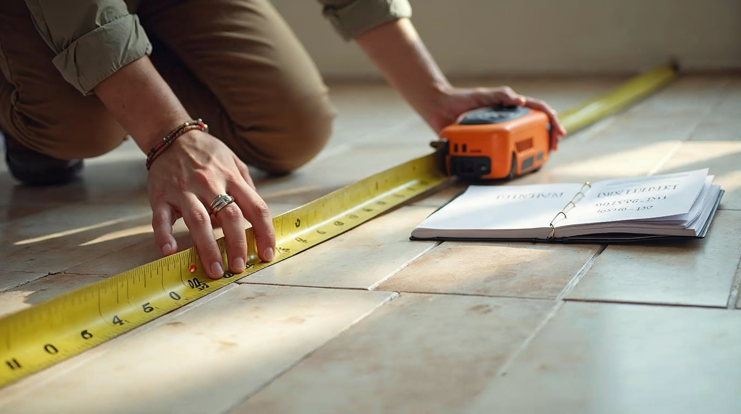 Person misst Badezimmer mit Laser-Messgerät für Fliesenberechnung