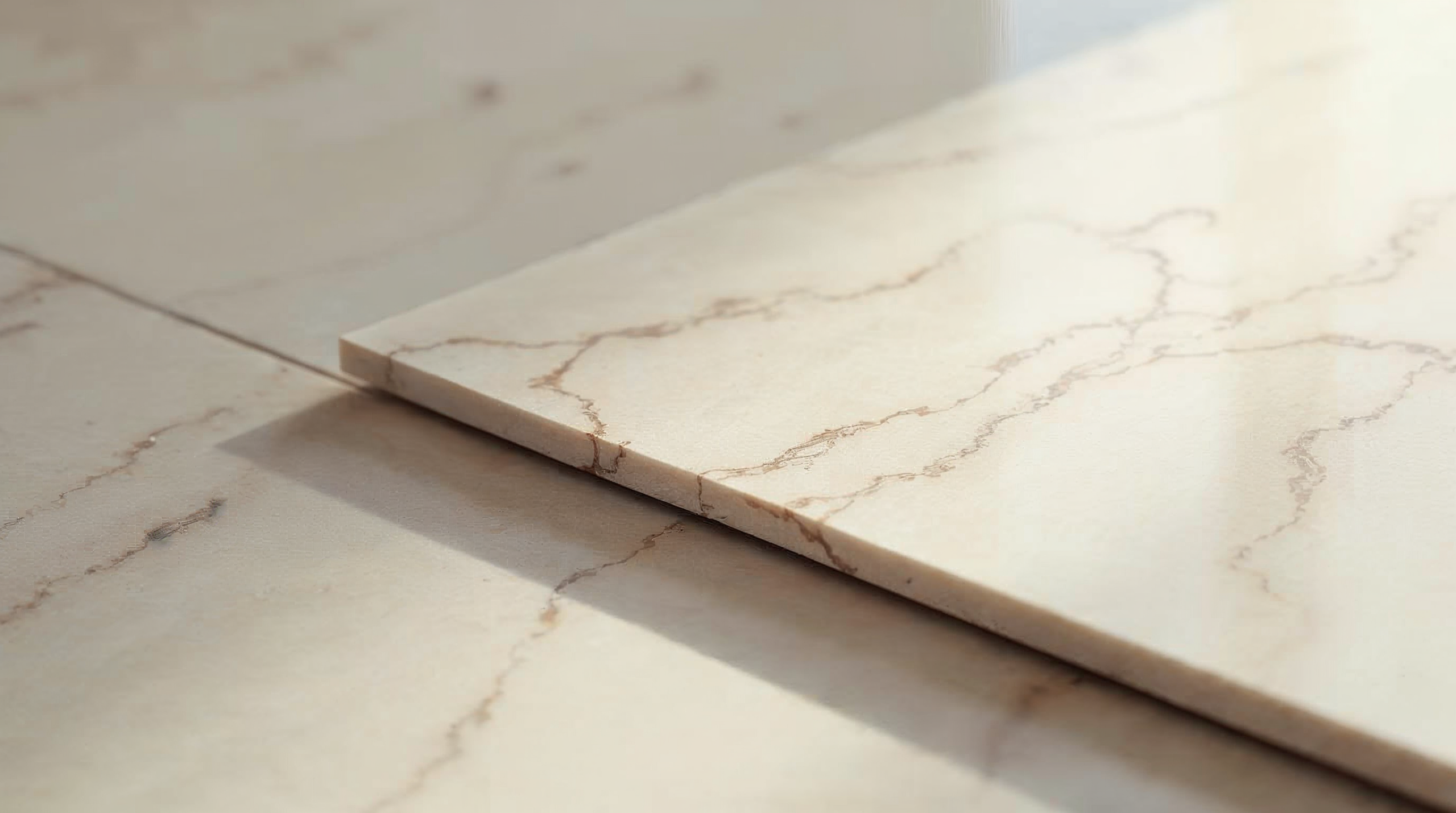 Nahaufnahme einer 120x120 Grossformatfliese in Marmoroptik mit präzisen Kanten