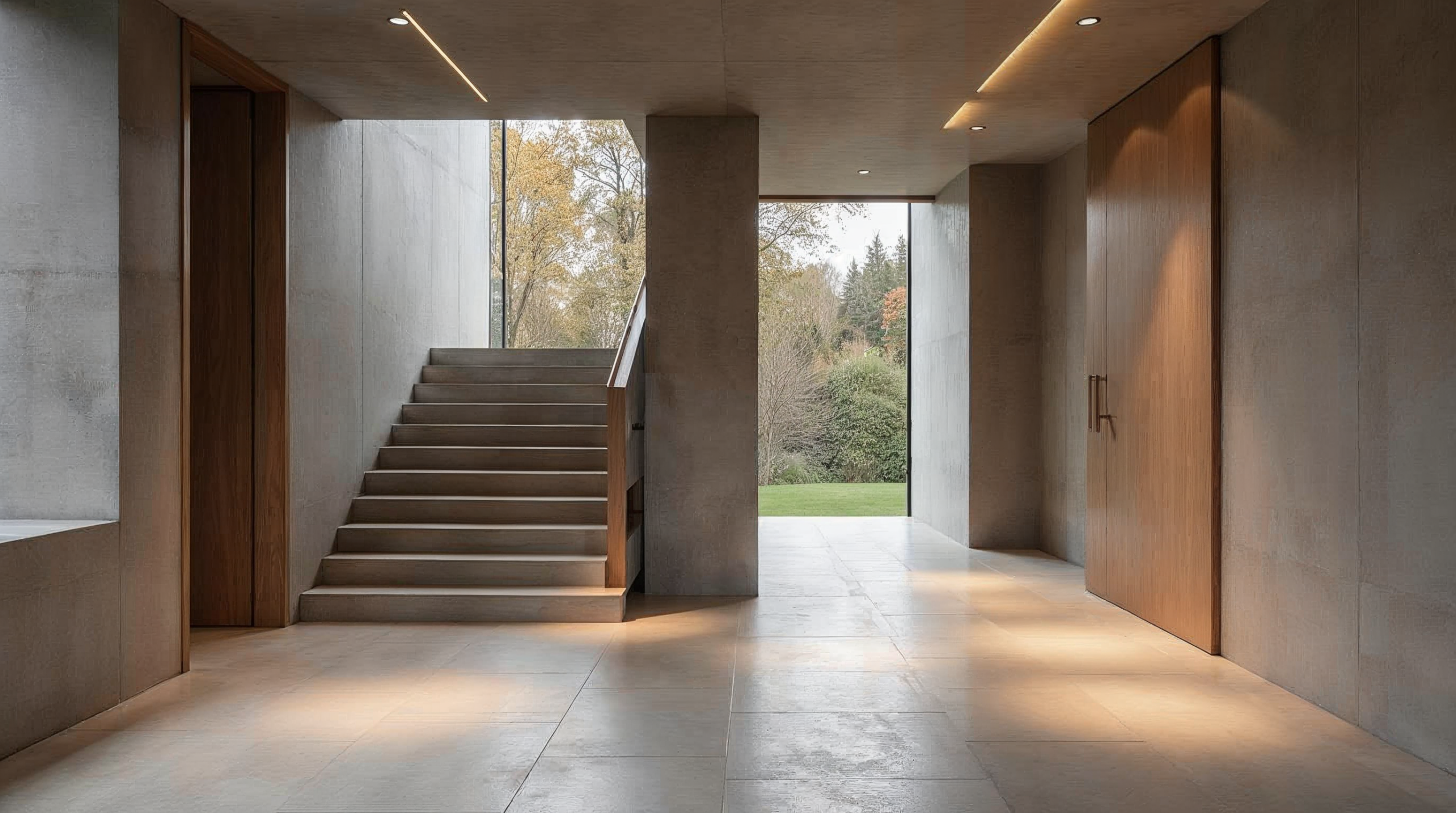 Moderner Eingangsbereich mit quadratischen 90x90 Grossformatfliesen in Betonoptik