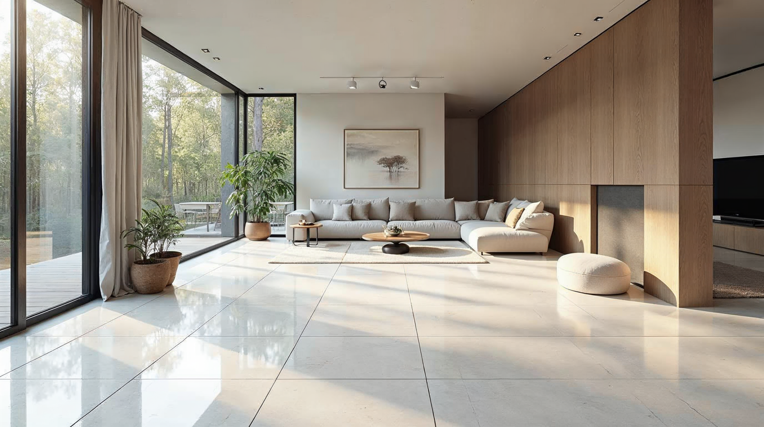 Grosszügiges Wohnzimmer mit 120x120 cm Grossformatfliesen in Marmoroptik