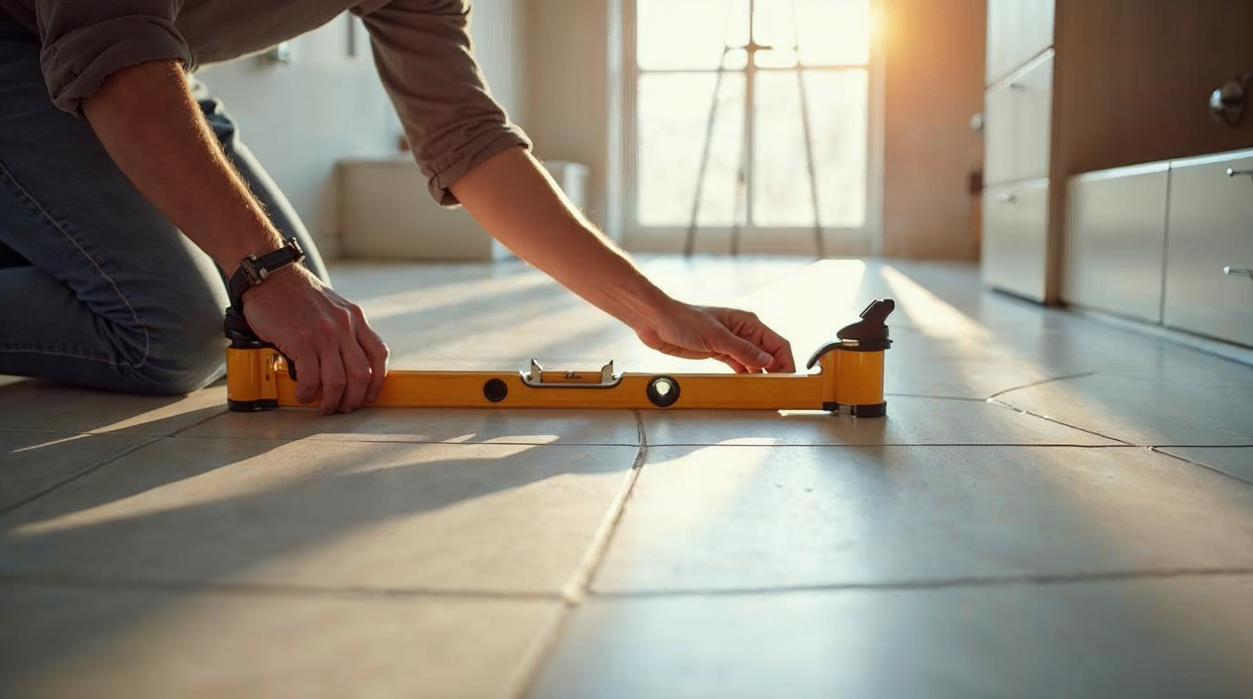 Zwei Fliesenleger verlegen gemeinsam eine 60x120 Grossformatfliese