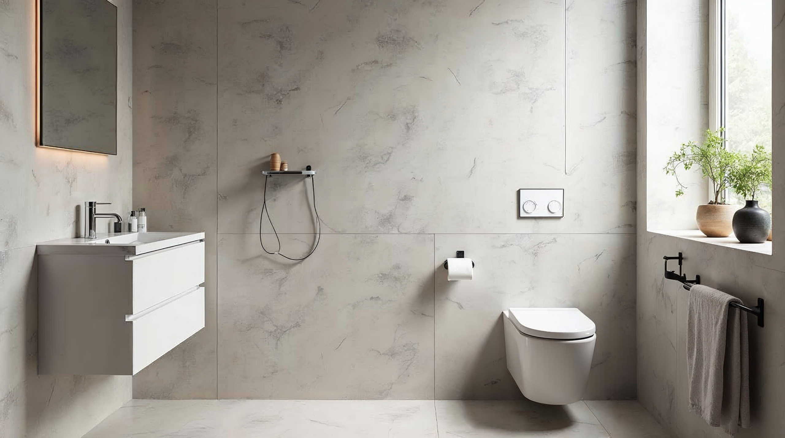 Modernes kleines Bad mit grossformatigen Fliesen wirkt grosszügig