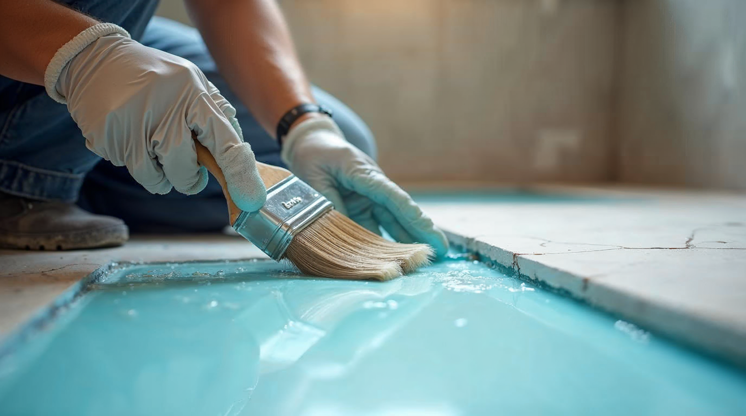 Fliesenleger trägt flüssige Verbundabdichtung im Duschbereich auf