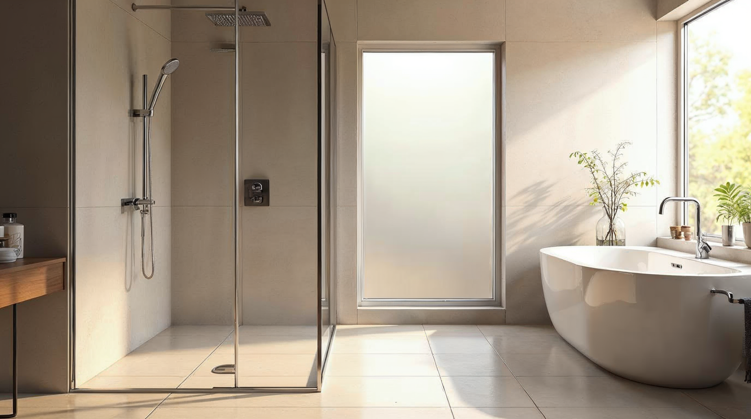 Moderne bodengleiche Dusche mit grossformatigen Fliesen in Bremen