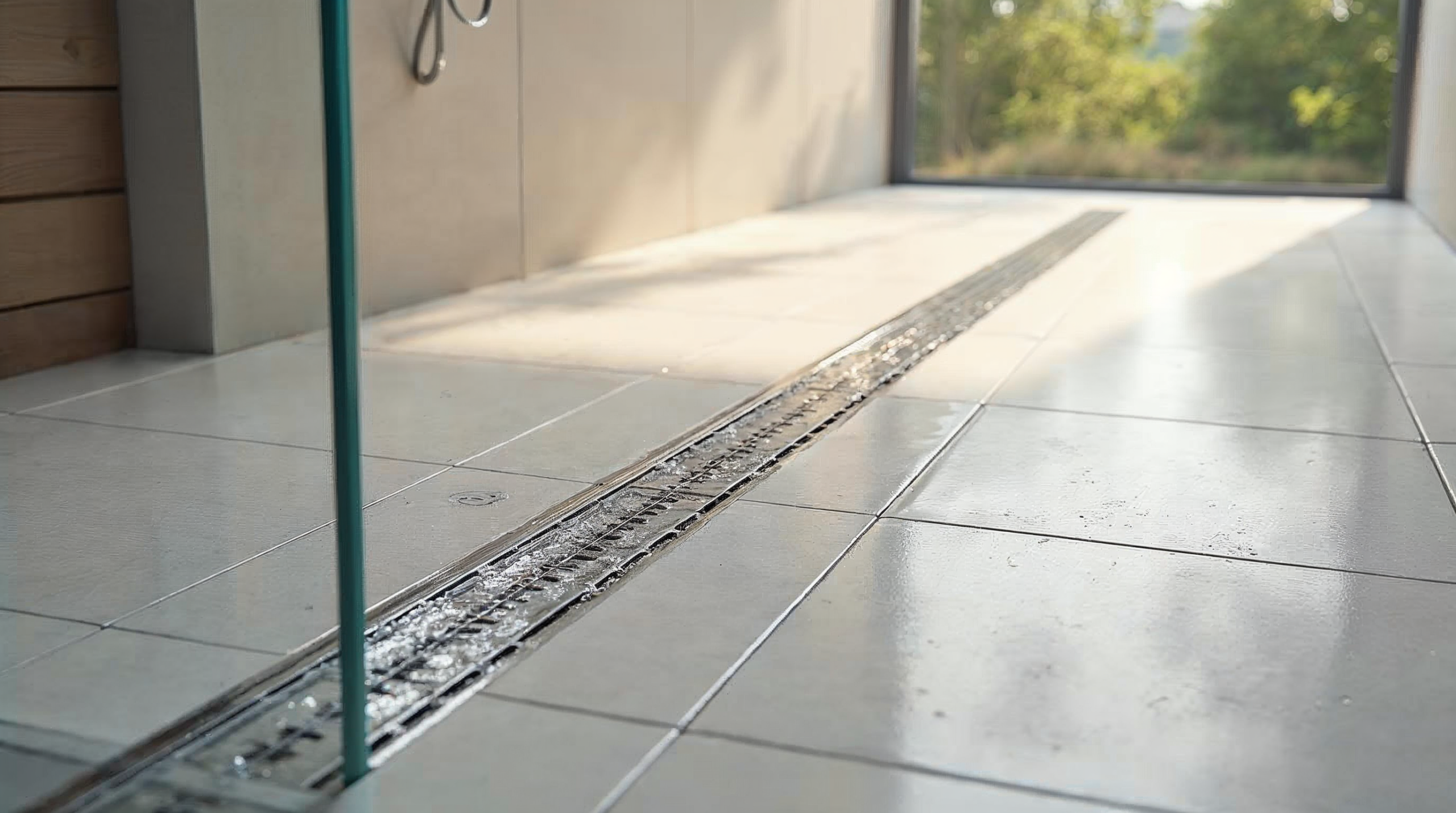 Edelstahl-Ablaufrinne in bodengleicher Dusche mit Grossformatfliesen