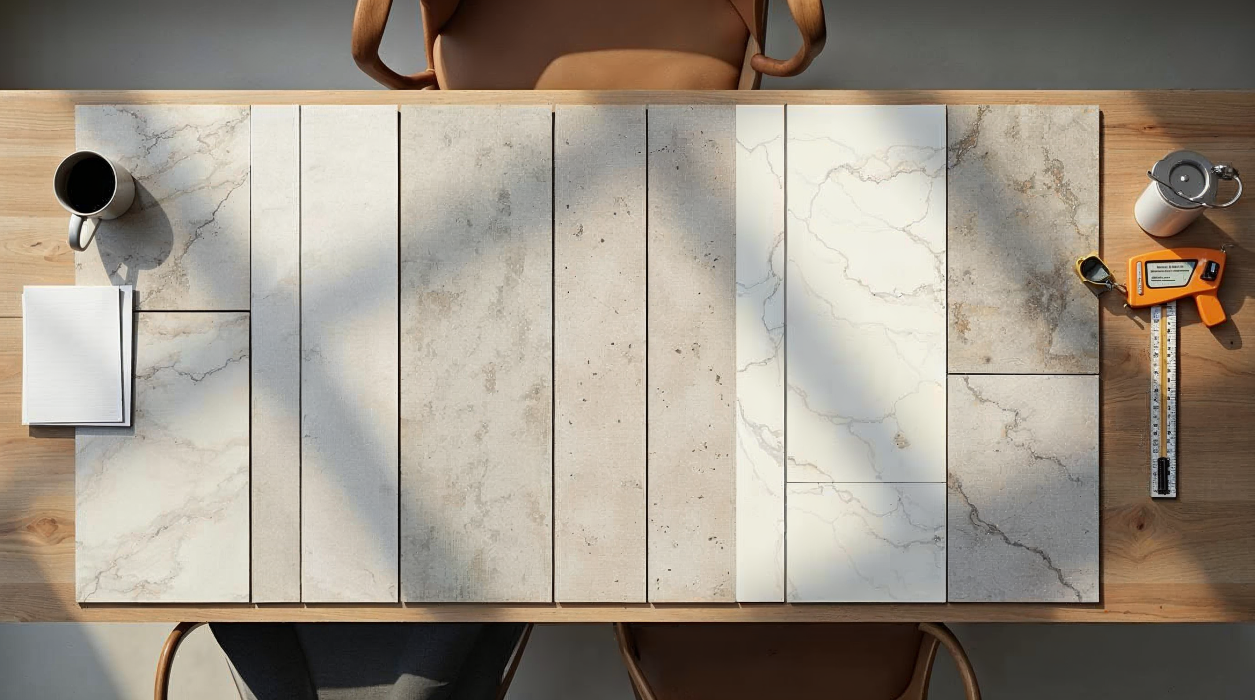 Verschiedene Fliesenmuster auf einem Beratungstisch im Esbau-Showroom in Bremen