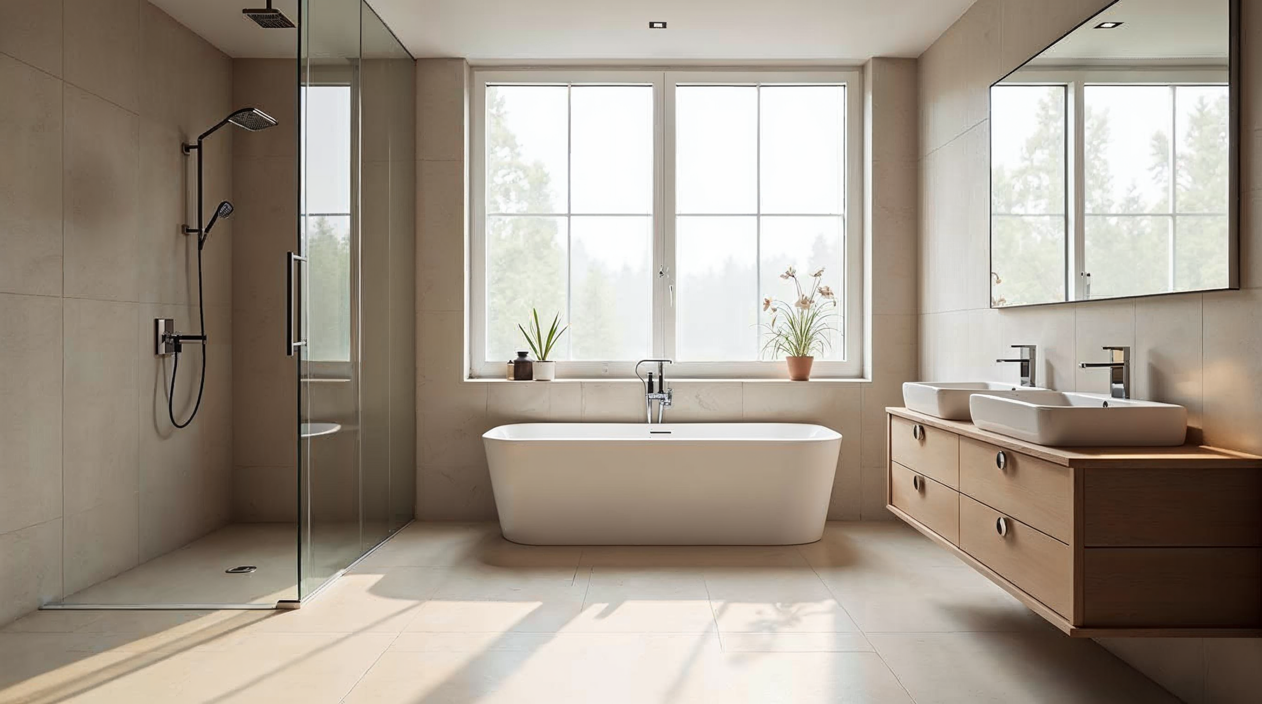 Modernes renoviertes Badezimmer in Bremen mit Walk-In-Dusche und Holzvanity